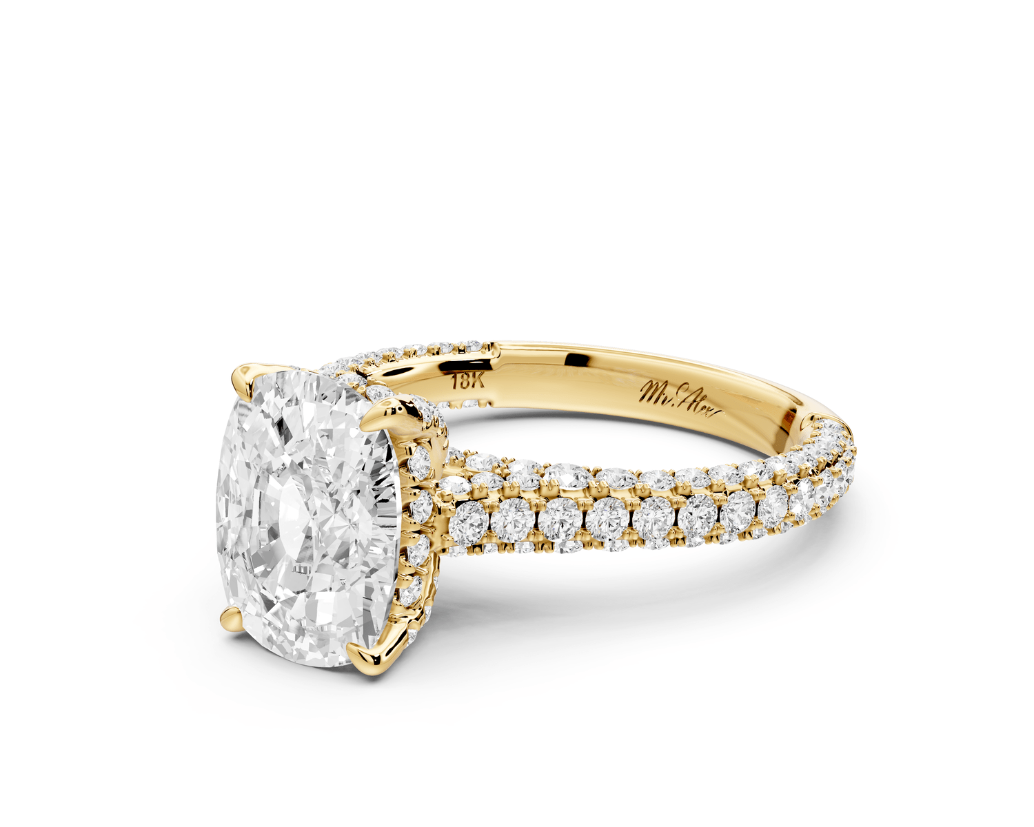 Bianca - 3ct 14k yellow gold ecushion Diamond hidden halo with a diamond crown and bridge rollover pave cathedral engagement ring - Mr. Alex Jewelry