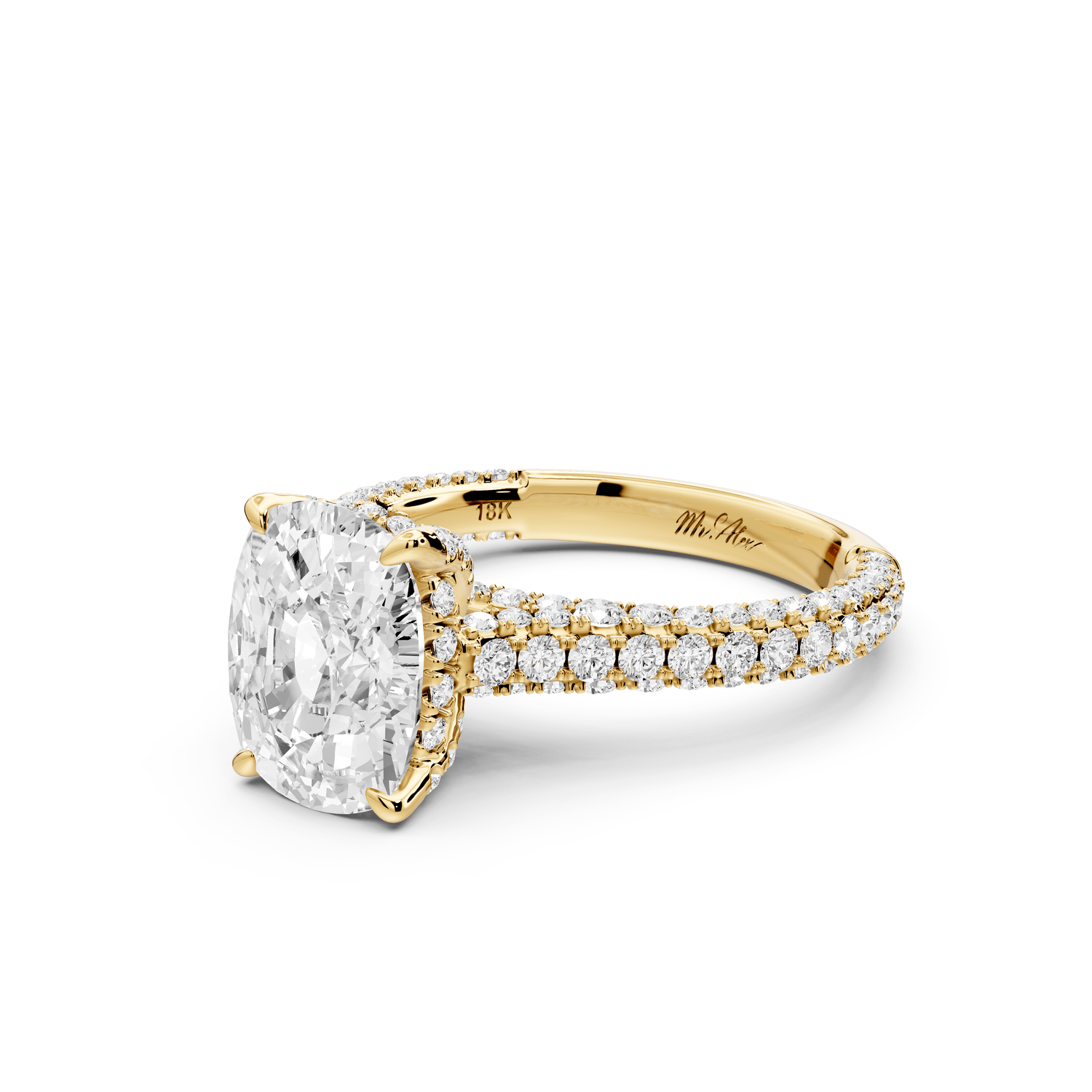 Bianca - 3ct 14k yellow gold ecushion Diamond hidden halo with a diamond crown and bridge rollover pave cathedral engagement ring - Mr. Alex Jewelry