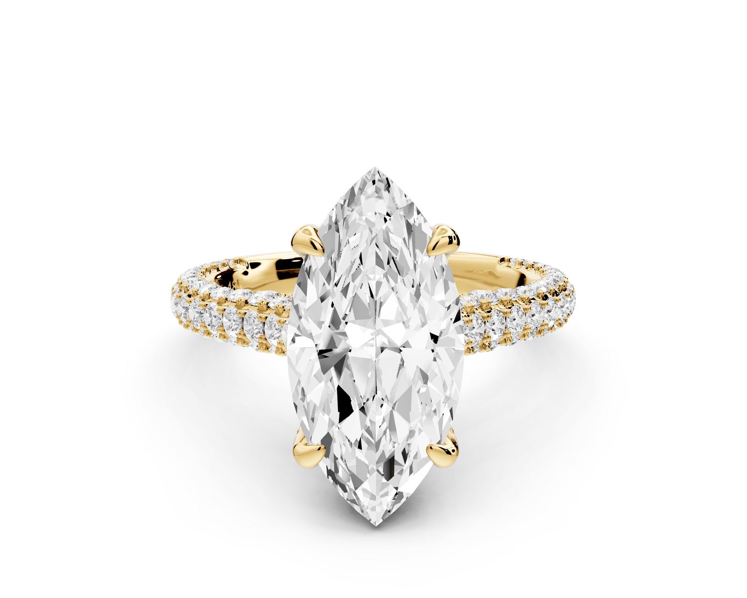 Bianca - 3ct 14k yellow gold marquise Diamond hidden halo with a diamond crown and bridge rollover pave cathedral engagement ring - Mr. Alex Jewelry