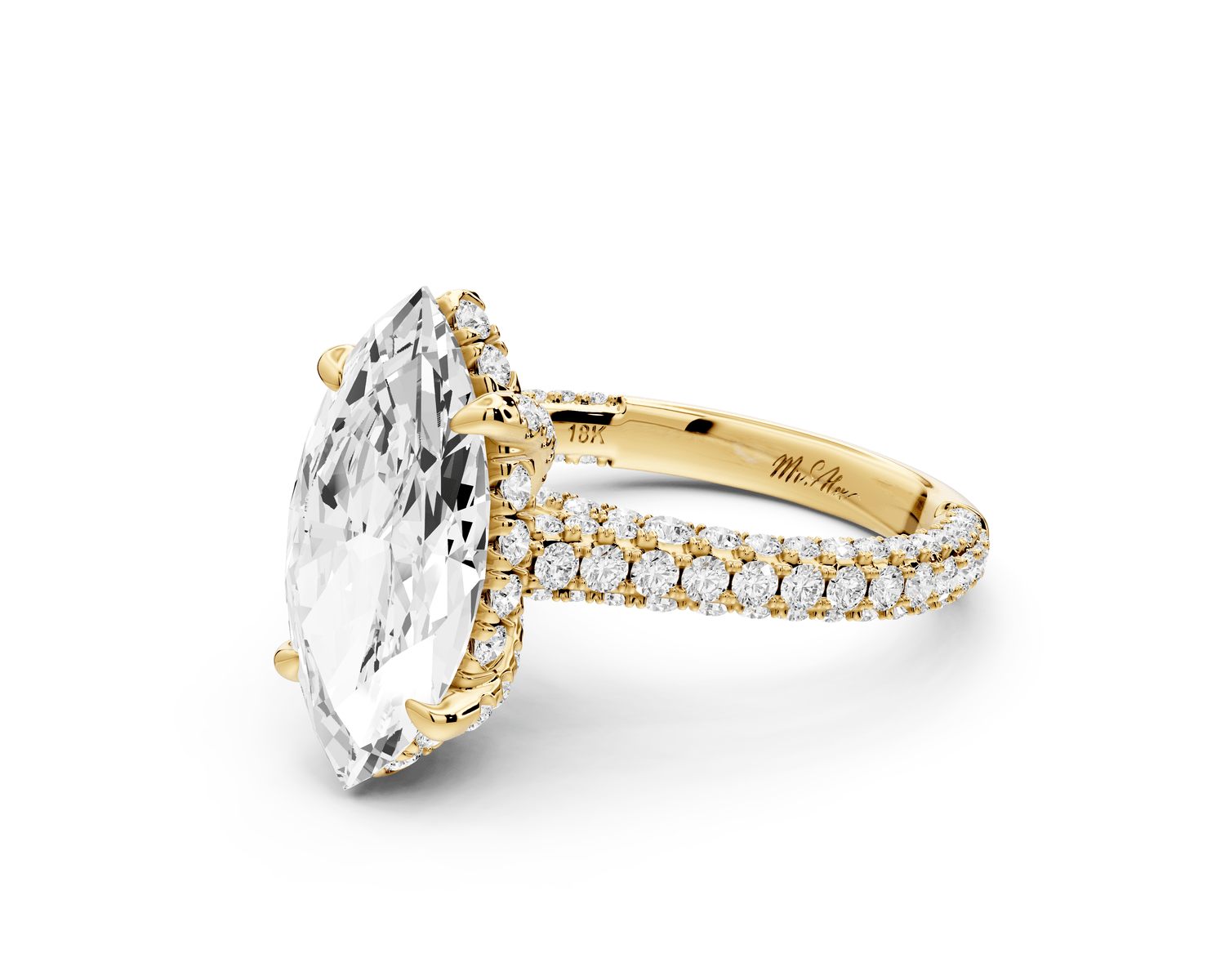 Bianca - 3ct 14k yellow gold marquise Diamond hidden halo with a diamond crown and bridge rollover pave cathedral engagement ring - Mr. Alex Jewelry