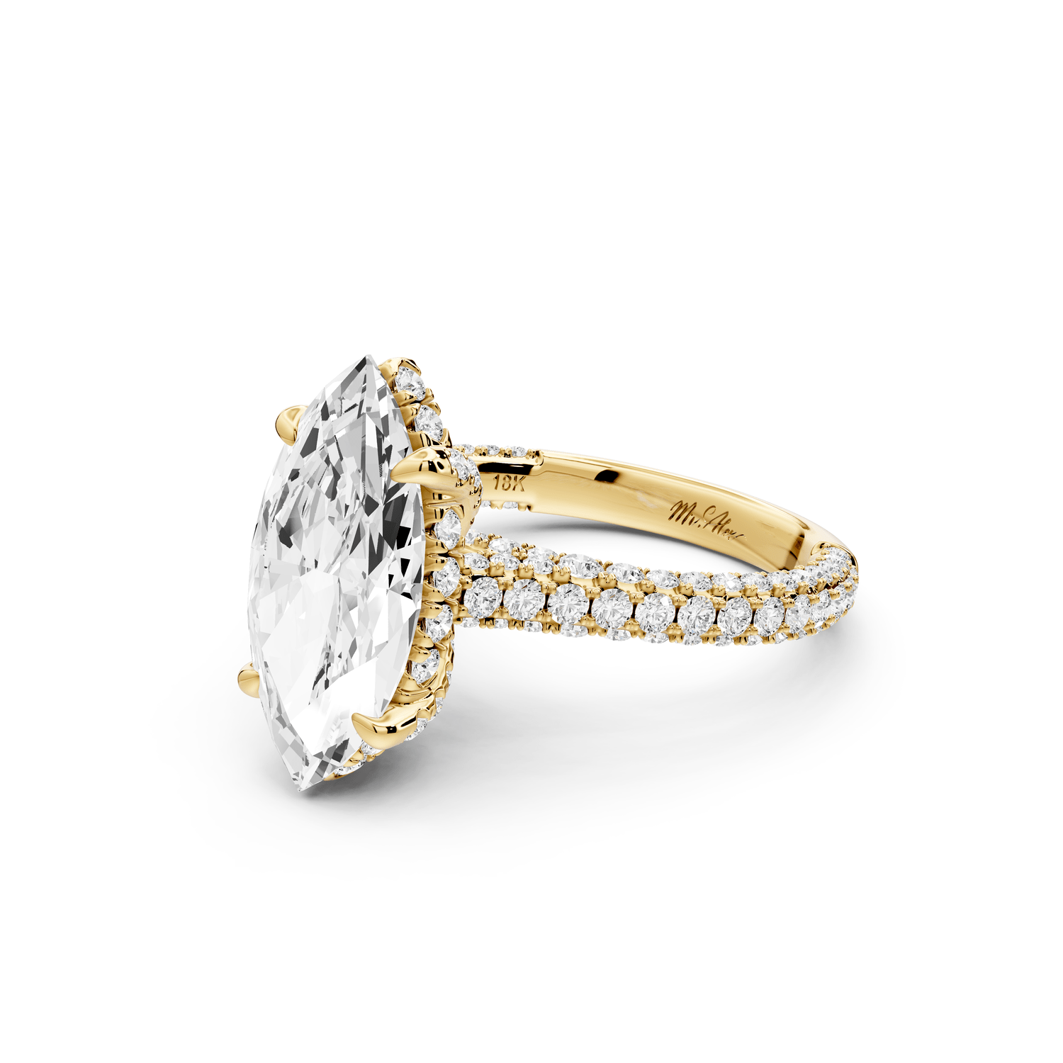 Bianca - 3ct 14k yellow gold marquise Diamond hidden halo with a diamond crown and bridge rollover pave cathedral engagement ring - Mr. Alex Jewelry