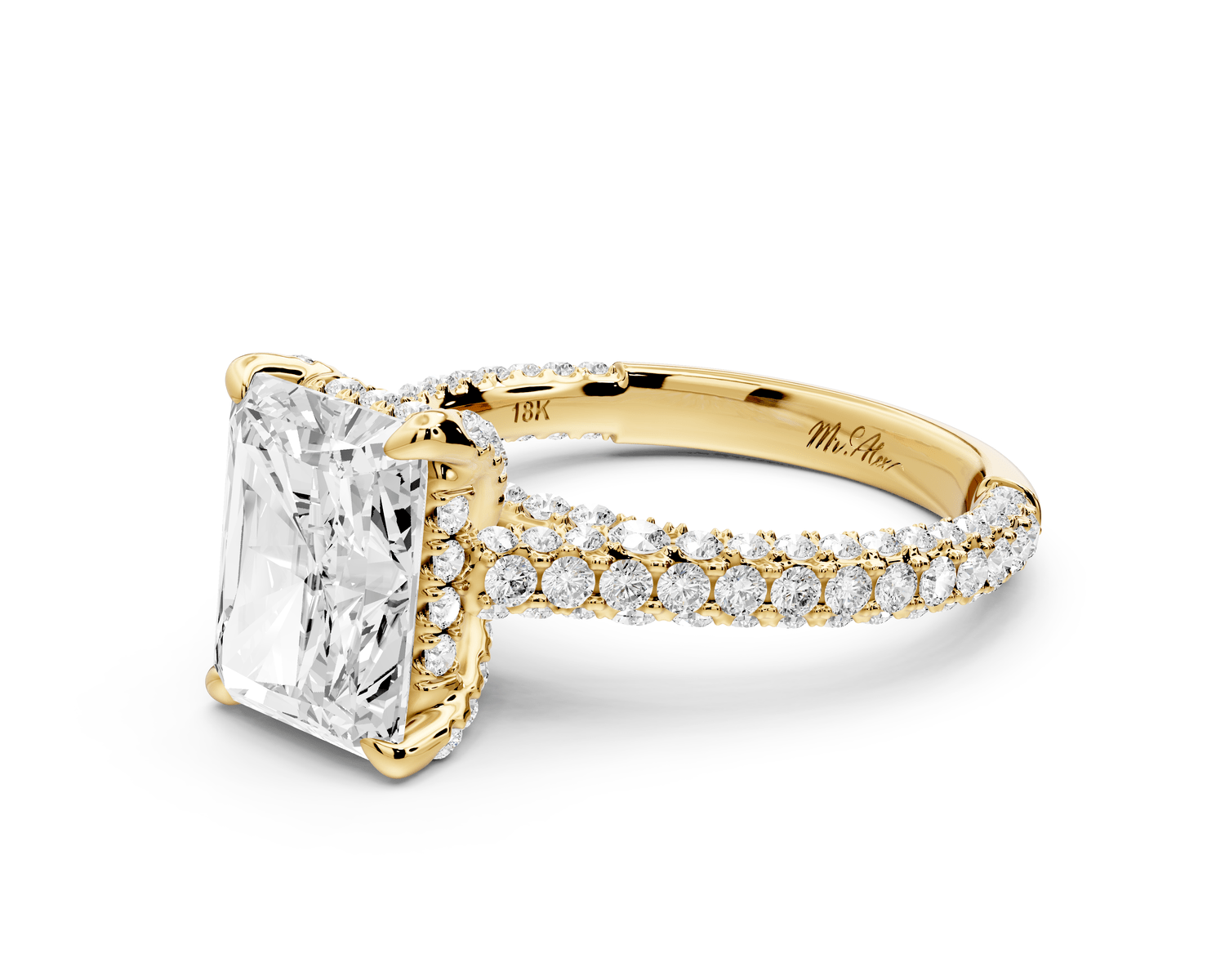 Bianca - 3ct 14k yellow gold radiant Diamond hidden halo with a diamond crown and bridge rollover pave cathedral engagement ring - Mr. Alex Jewelry