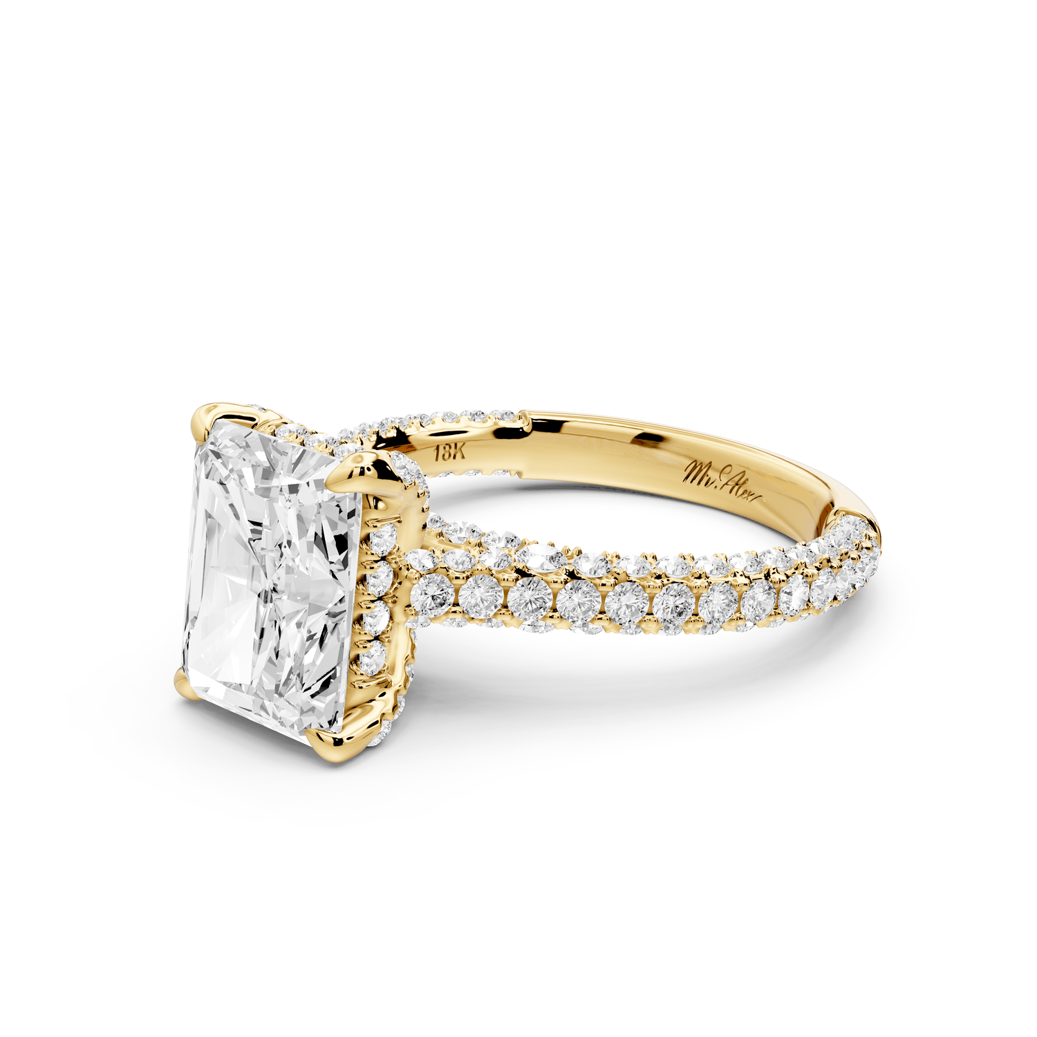 Bianca - 3ct 14k yellow gold radiant Diamond hidden halo with a diamond crown and bridge rollover pave cathedral engagement ring - Mr. Alex Jewelry