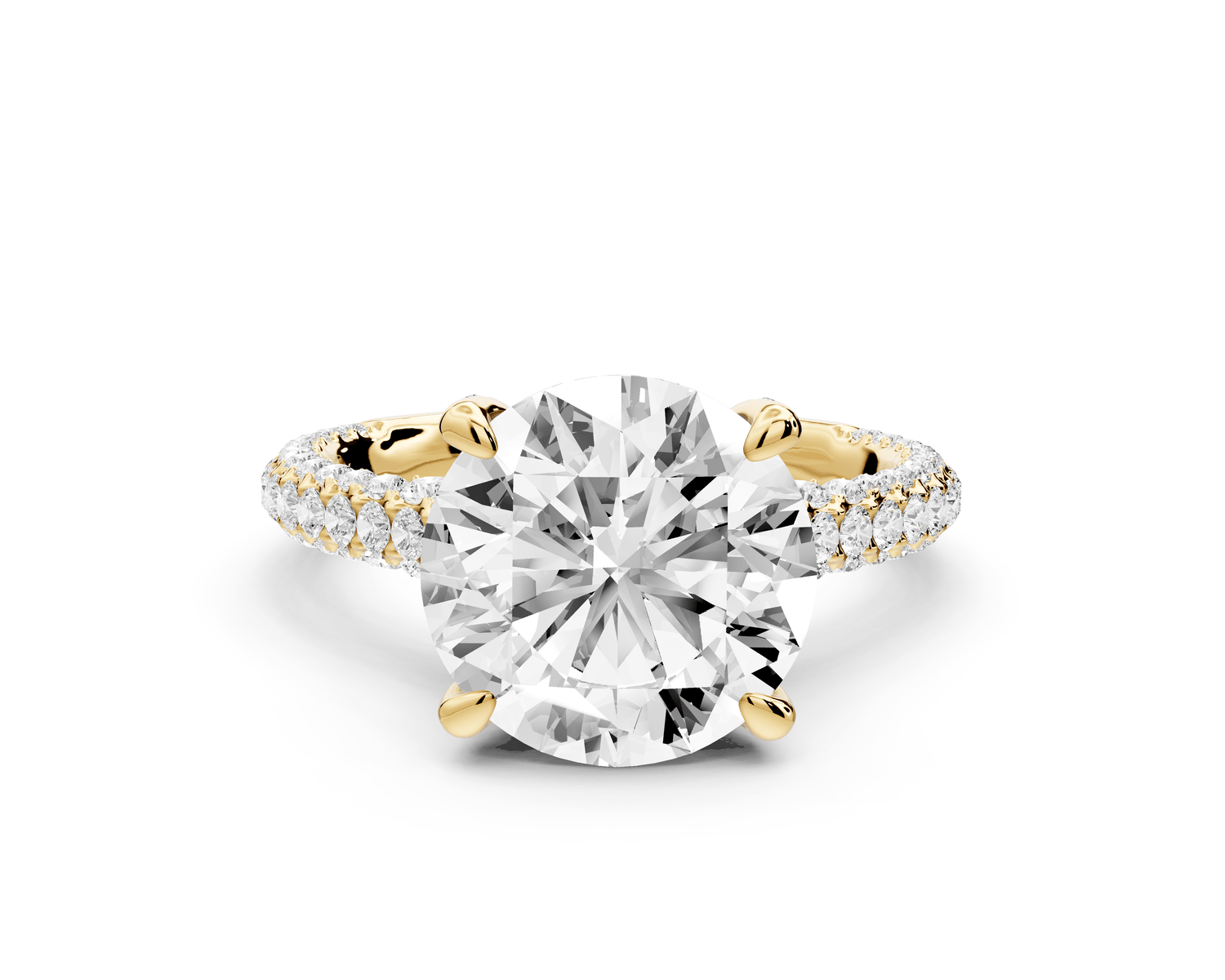 Bianca - 3ct 14k yellow gold round Diamond hidden halo with a diamond crown and bridge rollover pave cathedral engagment ring - Mr. Alex Jewelry