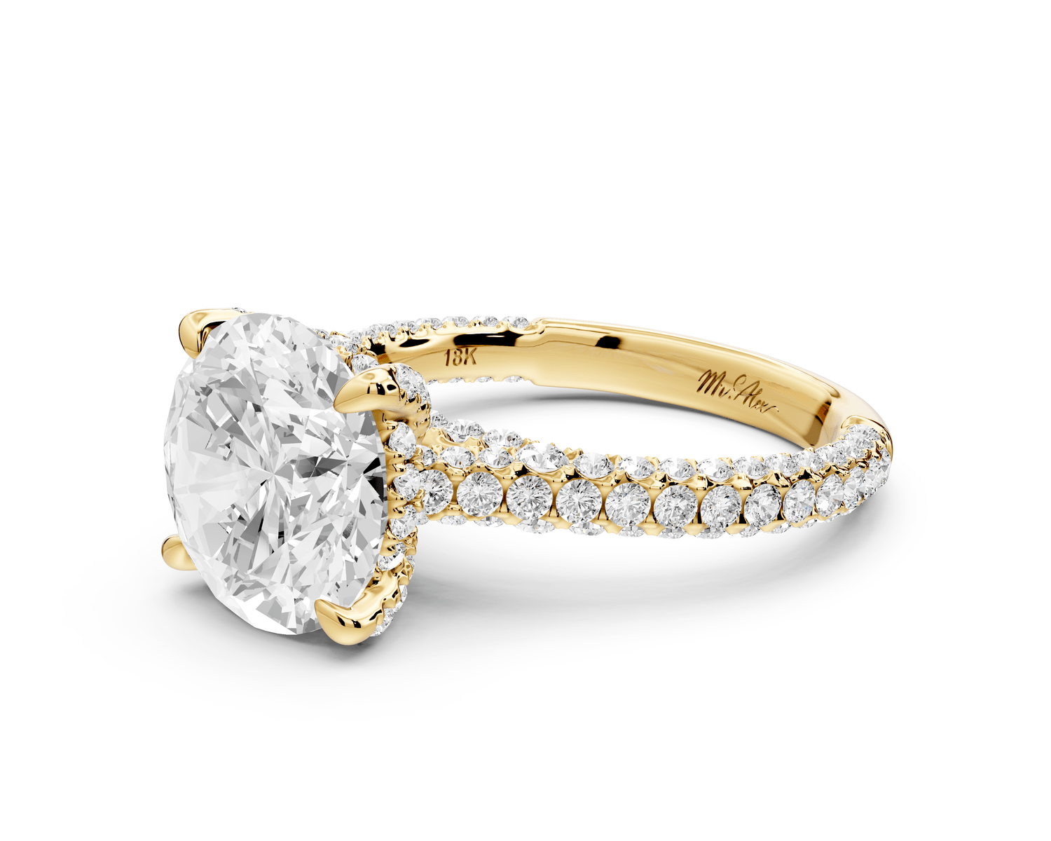 Bianca - 3ct 14k yellow gold round Diamond hidden halo with a diamond crown and bridge rollover pave cathedral engagment ring - Mr. Alex Jewelry
