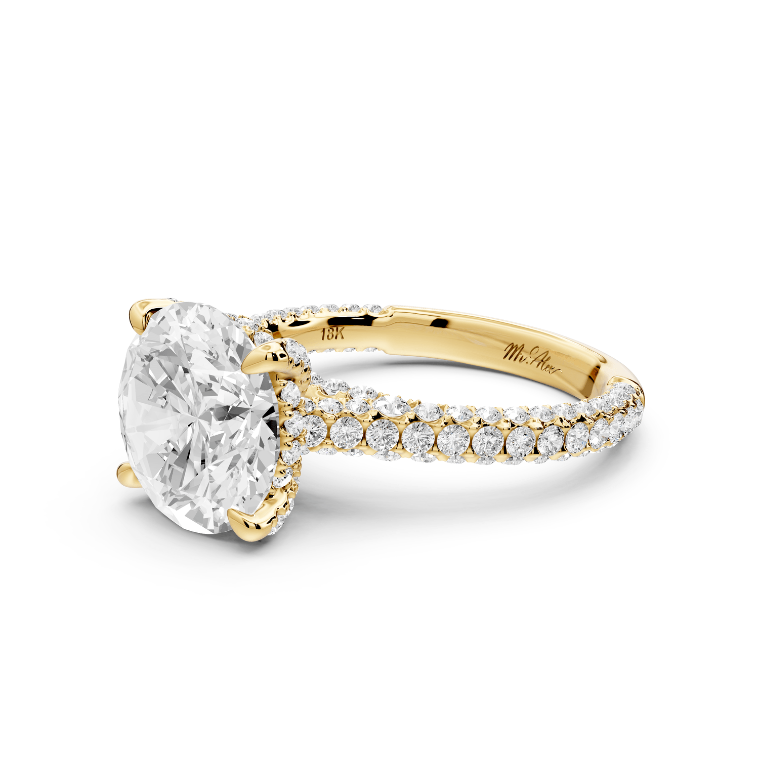 Bianca - 3ct 14k yellow gold round Diamond hidden halo with a diamond crown and bridge rollover pave cathedral engagment ring - Mr. Alex Jewelry