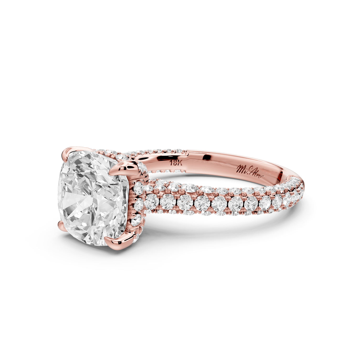 Bianca - 3ct 18k rose gold cushion Diamond hidden halo with a diamond crown and bridge rollover pave cathedral engagement ring - Mr. Alex Jewelry