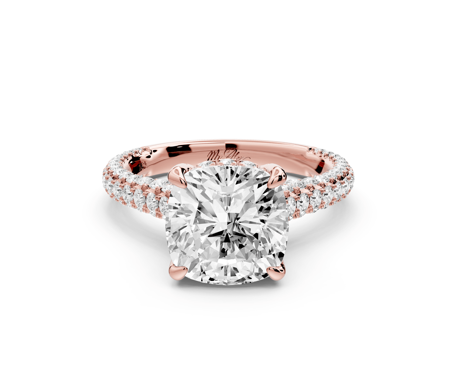 Bianca - 3ct 18k rose gold cushion Diamond hidden halo with a diamond crown and bridge rollover pave cathedral engagement ring - Mr. Alex Jewelry