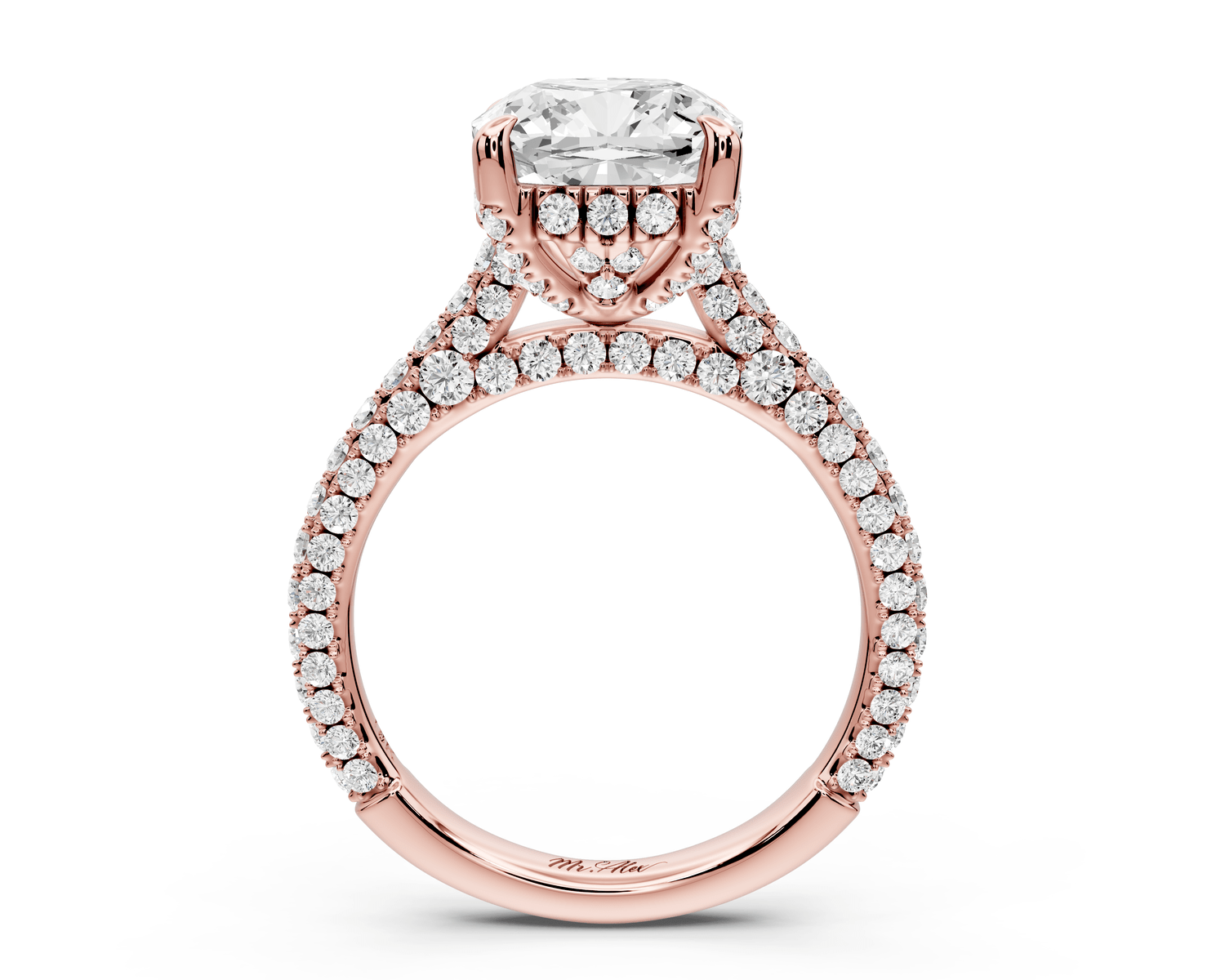 Bianca - 3ct 18k rose gold cushion Diamond hidden halo with a diamond crown and bridge rollover pave cathedral engagement ring - Mr. Alex Jewelry