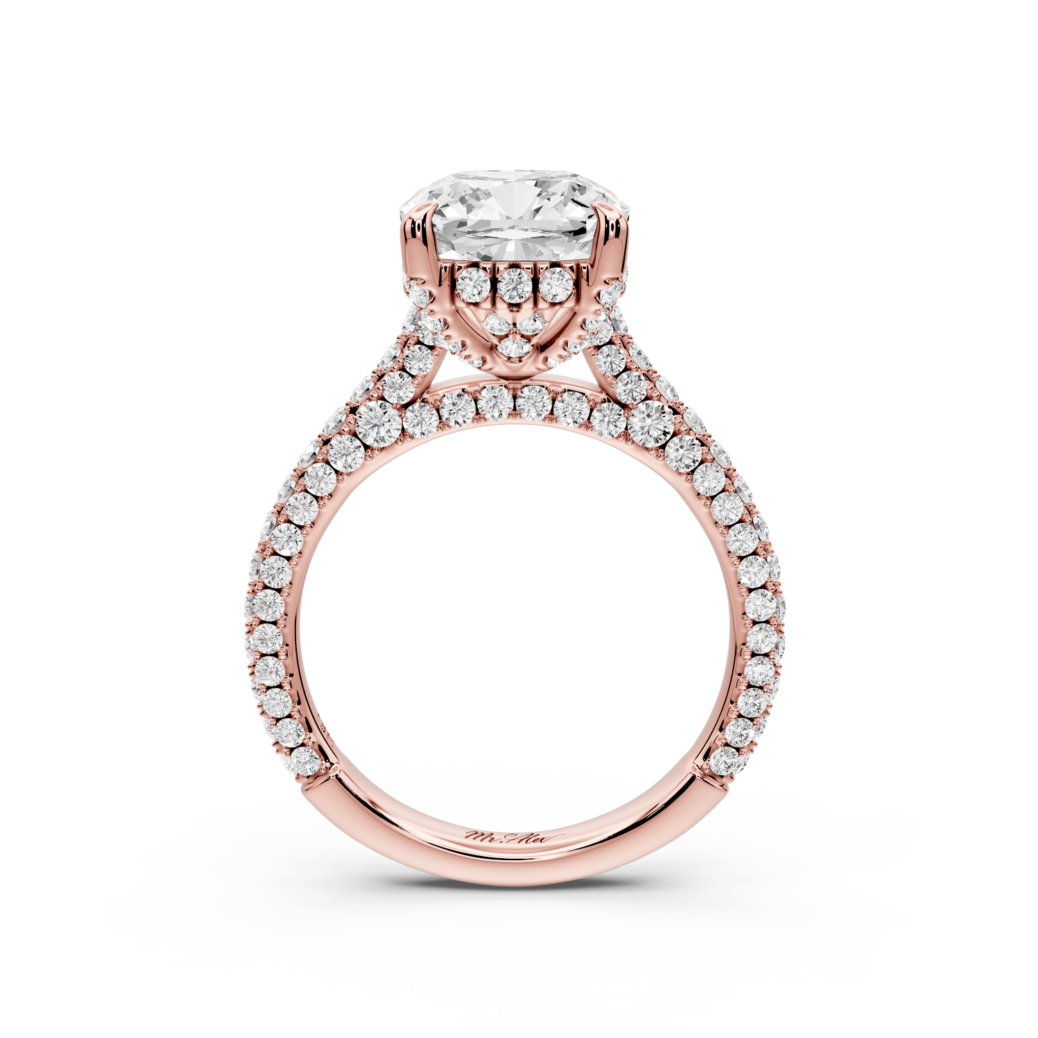 Bianca - 3ct 18k rose gold cushion Diamond hidden halo with a diamond crown and bridge rollover pave cathedral engagement ring - Mr. Alex Jewelry