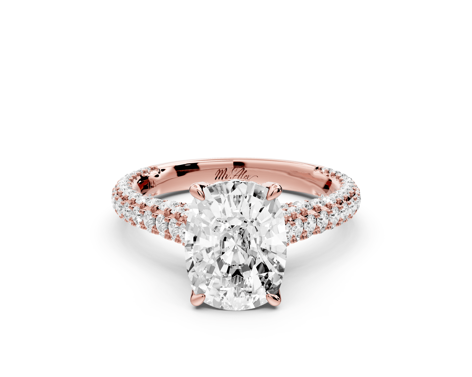 Bianca - 3ct 18k rose gold ecushion Diamond hidden halo with a diamond crown and bridge rollover pave cathedral engagement ring - Mr. Alex Jewelry