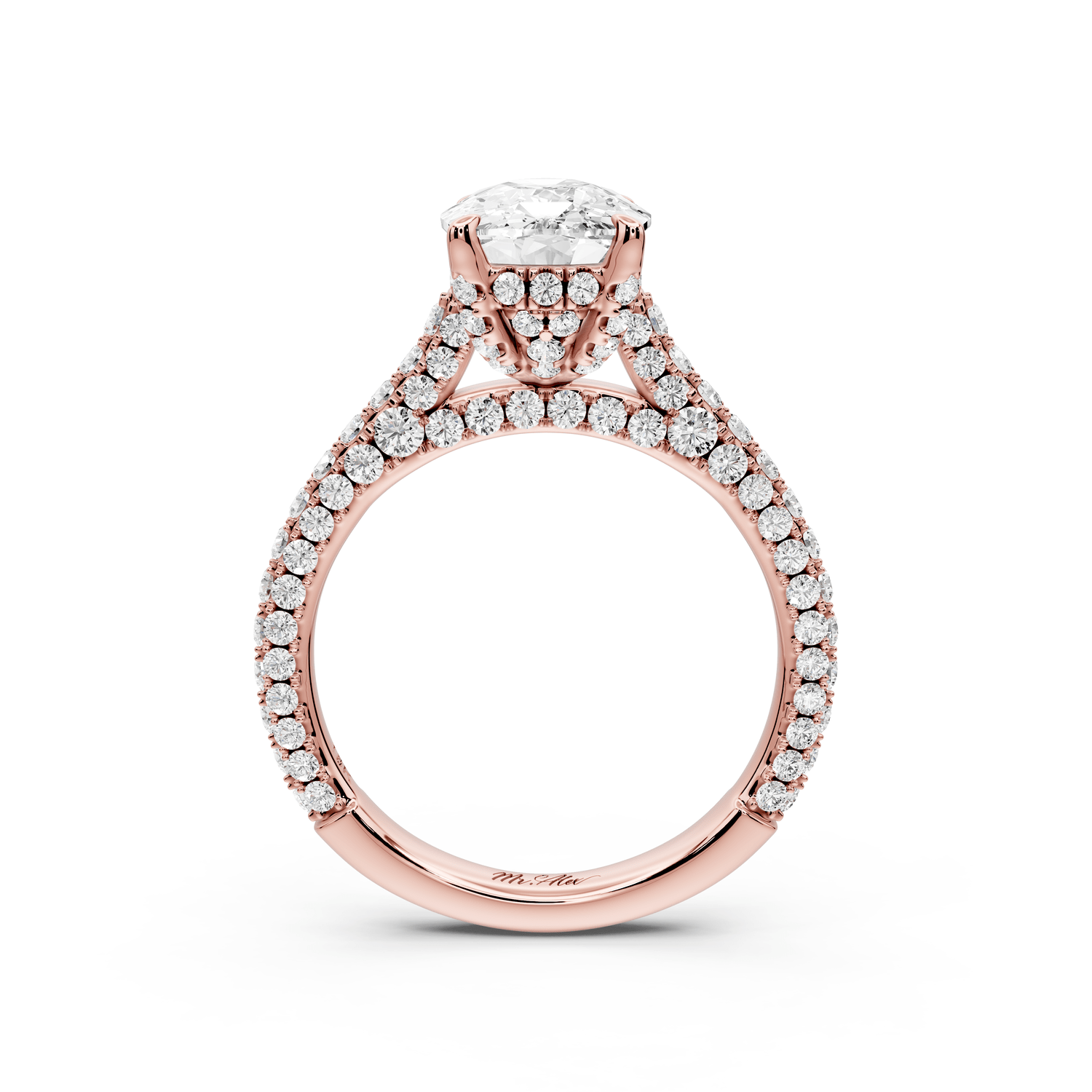 Bianca - 3ct 18k rose gold ecushion Diamond hidden halo with a diamond crown and bridge rollover pave cathedral engagement ring - Mr. Alex Jewelry