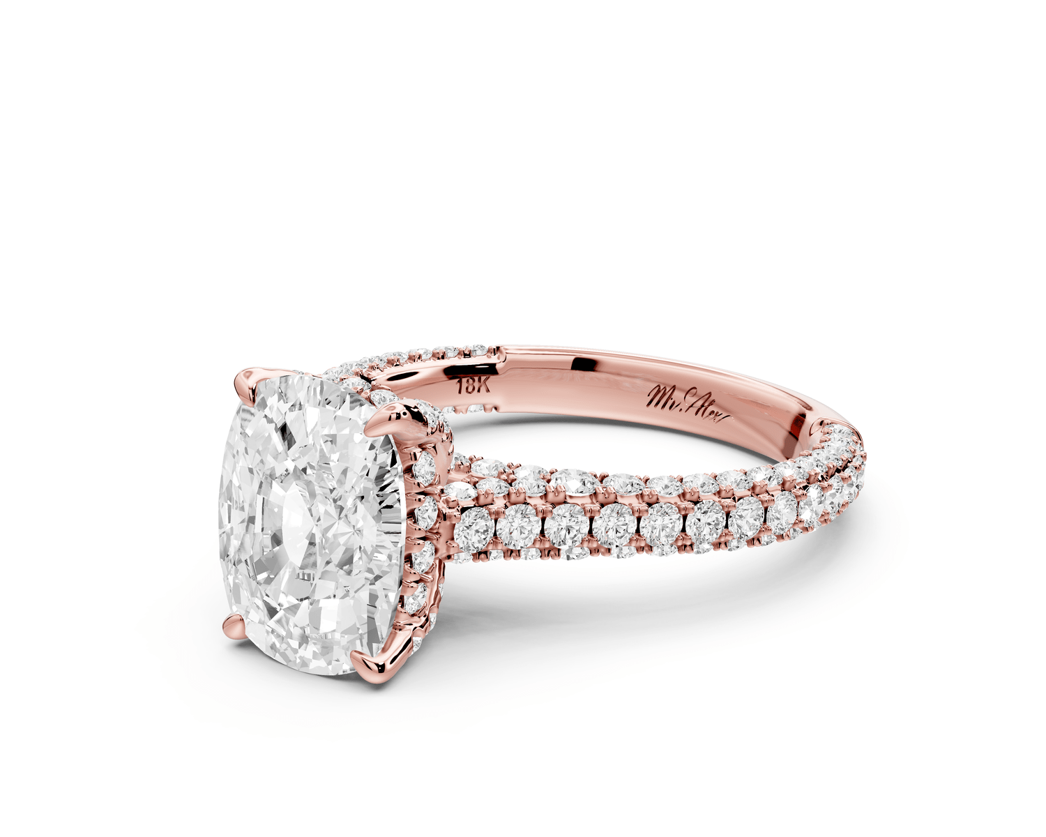 Bianca - 3ct 18k rose gold ecushion Diamond hidden halo with a diamond crown and bridge rollover pave cathedral engagement ring - Mr. Alex Jewelry