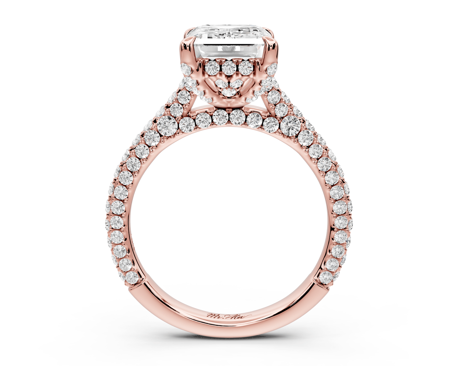 Bianca - 3ct 18k rose gold emerald Diamond hidden halo with a diamond crown and bridge rollover pave cathedral Engagement ring - Mr. Alex Jewelry
