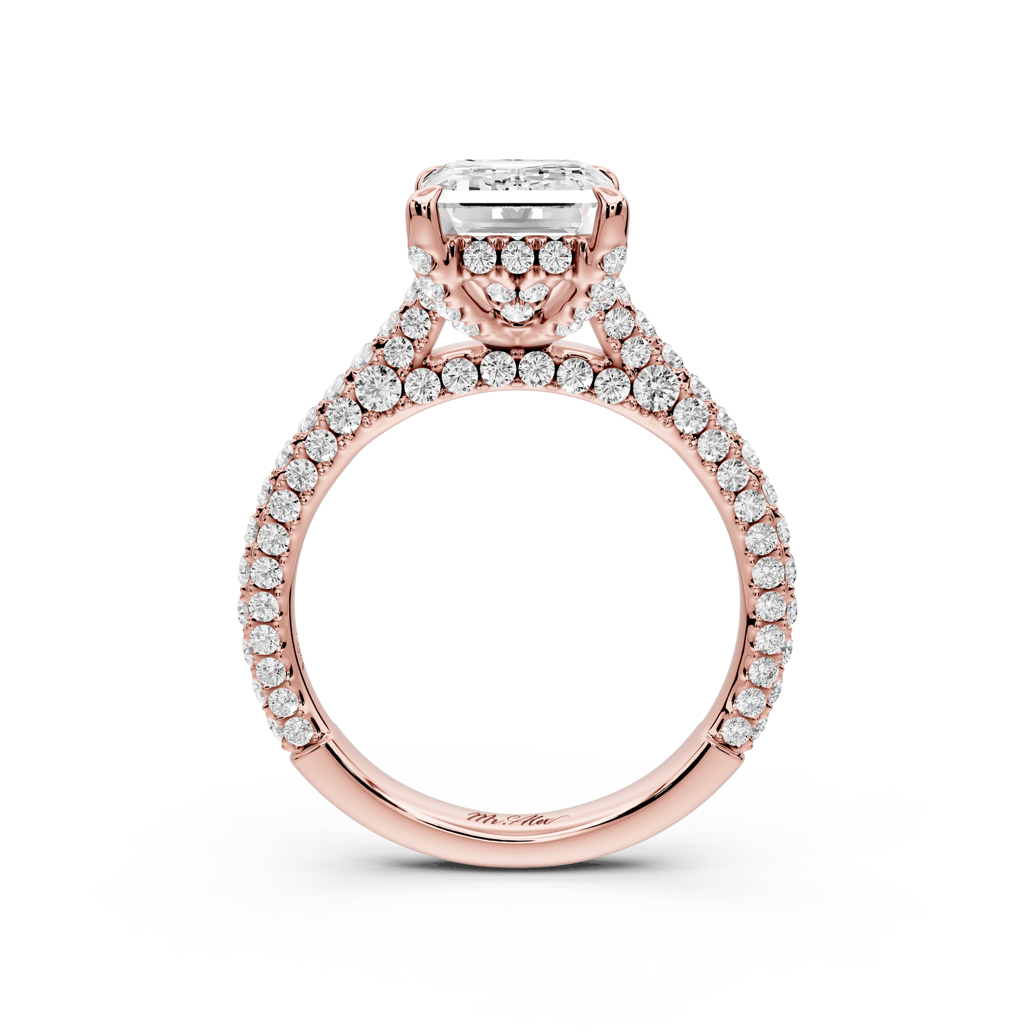Bianca - 3ct 18k rose gold emerald Diamond hidden halo with a diamond crown and bridge rollover pave cathedral Engagement ring - Mr. Alex Jewelry