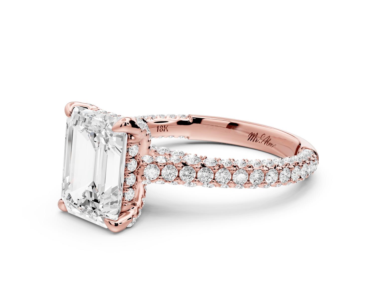 Bianca - 3ct 18k rose gold emerald Diamond hidden halo with a diamond crown and bridge rollover pave cathedral Engagement ring - Mr. Alex Jewelry