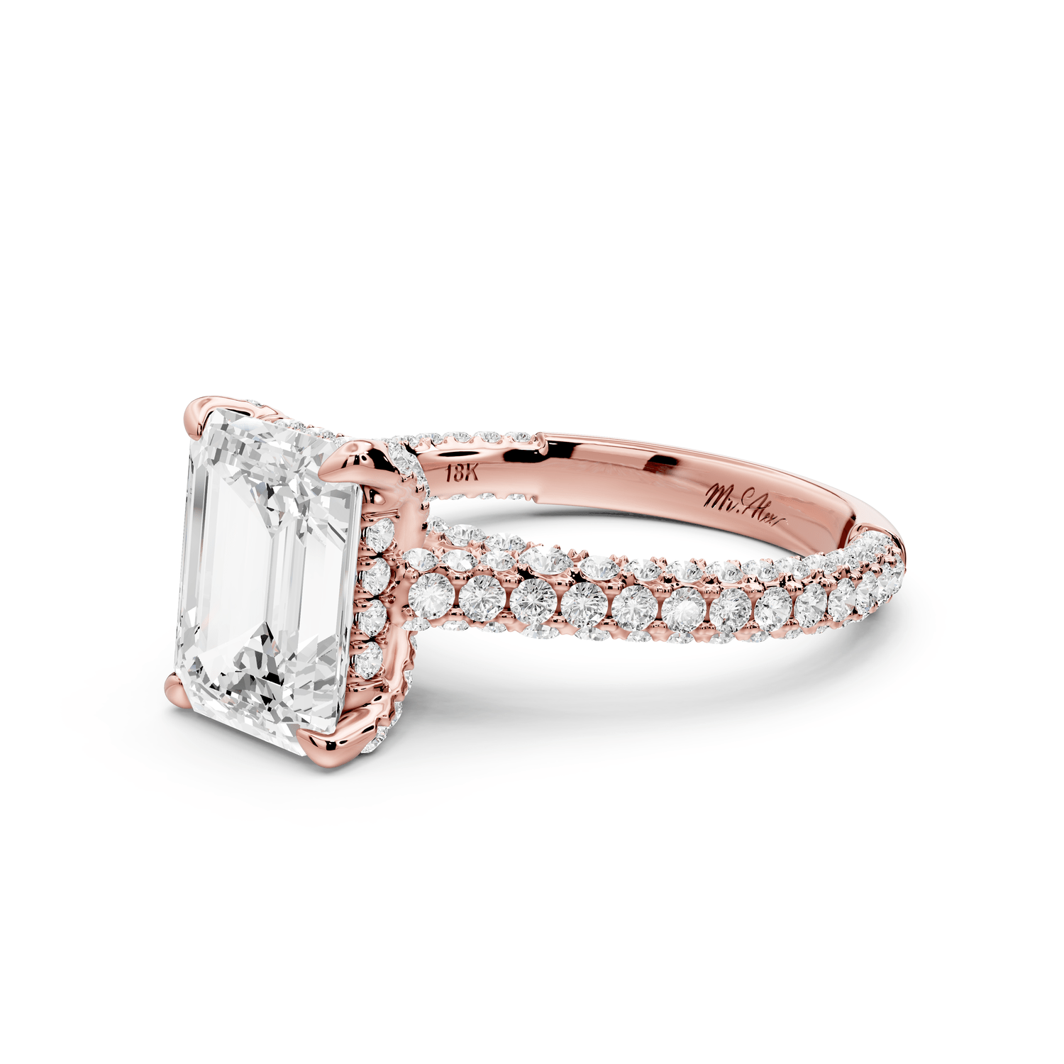 Bianca - 3ct 18k rose gold emerald Diamond hidden halo with a diamond crown and bridge rollover pave cathedral Engagement ring - Mr. Alex Jewelry