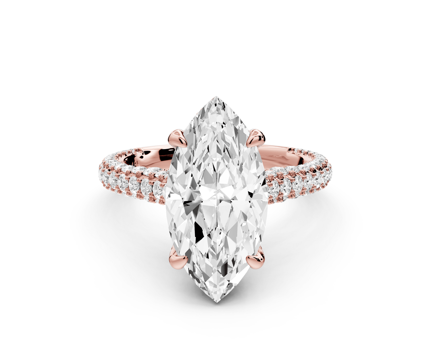 Bianca - 3ct 18k rose gold marquise Diamond hidden halo with a diamond crown and bridge rollover pave cathedral engagement ring - Mr. Alex Jewelry