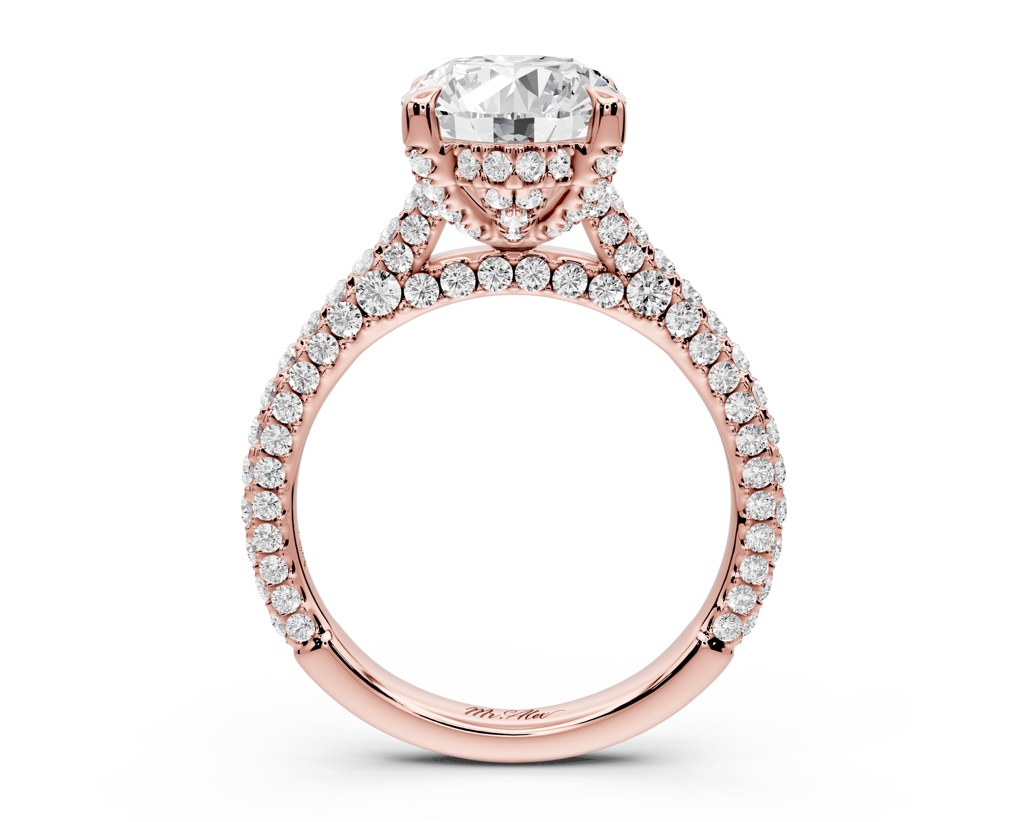 Bianca - 3ct 18k rose gold oval Diamond hidden halo with a diamond crown and bridge rollover pave cathedral Engagement ring - Mr. Alex Jewelry