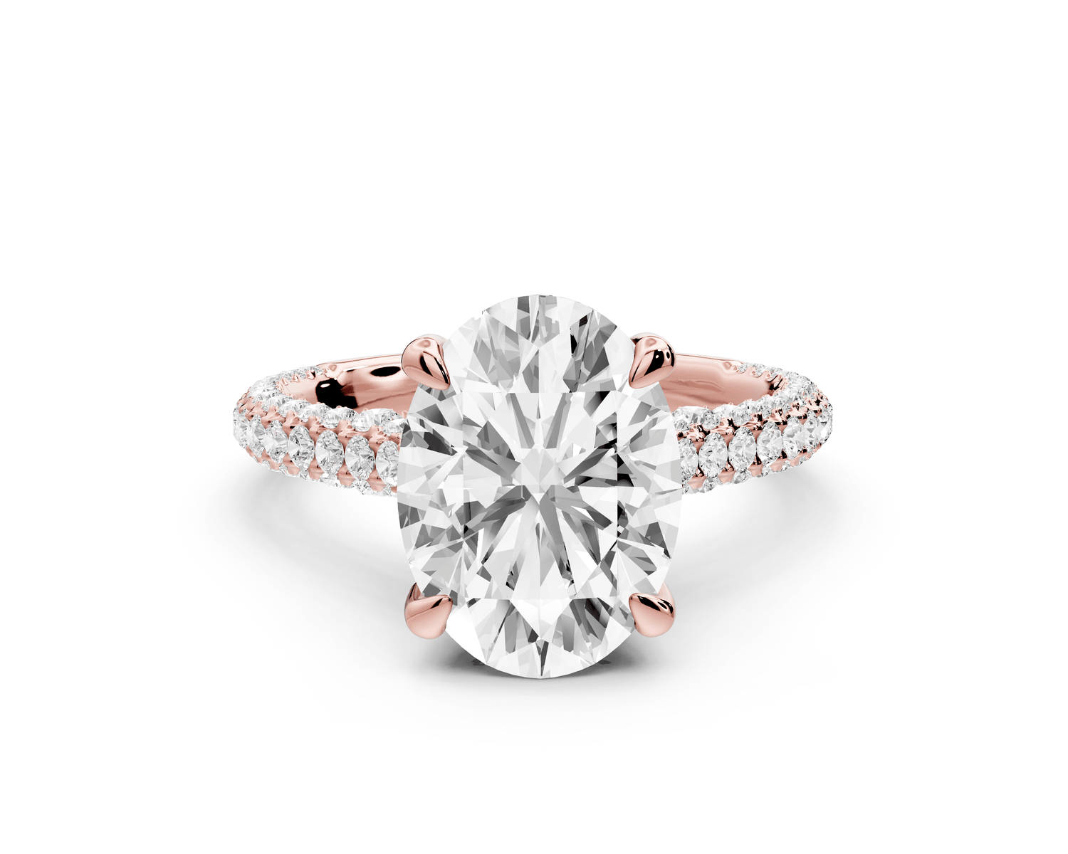 Bianca - 3ct 18k rose gold oval Diamond hidden halo with a diamond crown and bridge rollover pave cathedral Engagement ring - Mr. Alex Jewelry