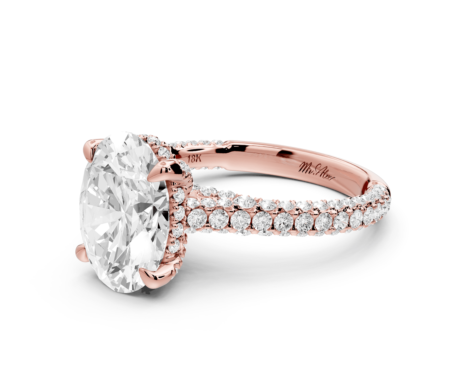 Bianca - 3ct 18k rose gold oval Diamond hidden halo with a diamond crown and bridge rollover pave cathedral Engagement ring - Mr. Alex Jewelry