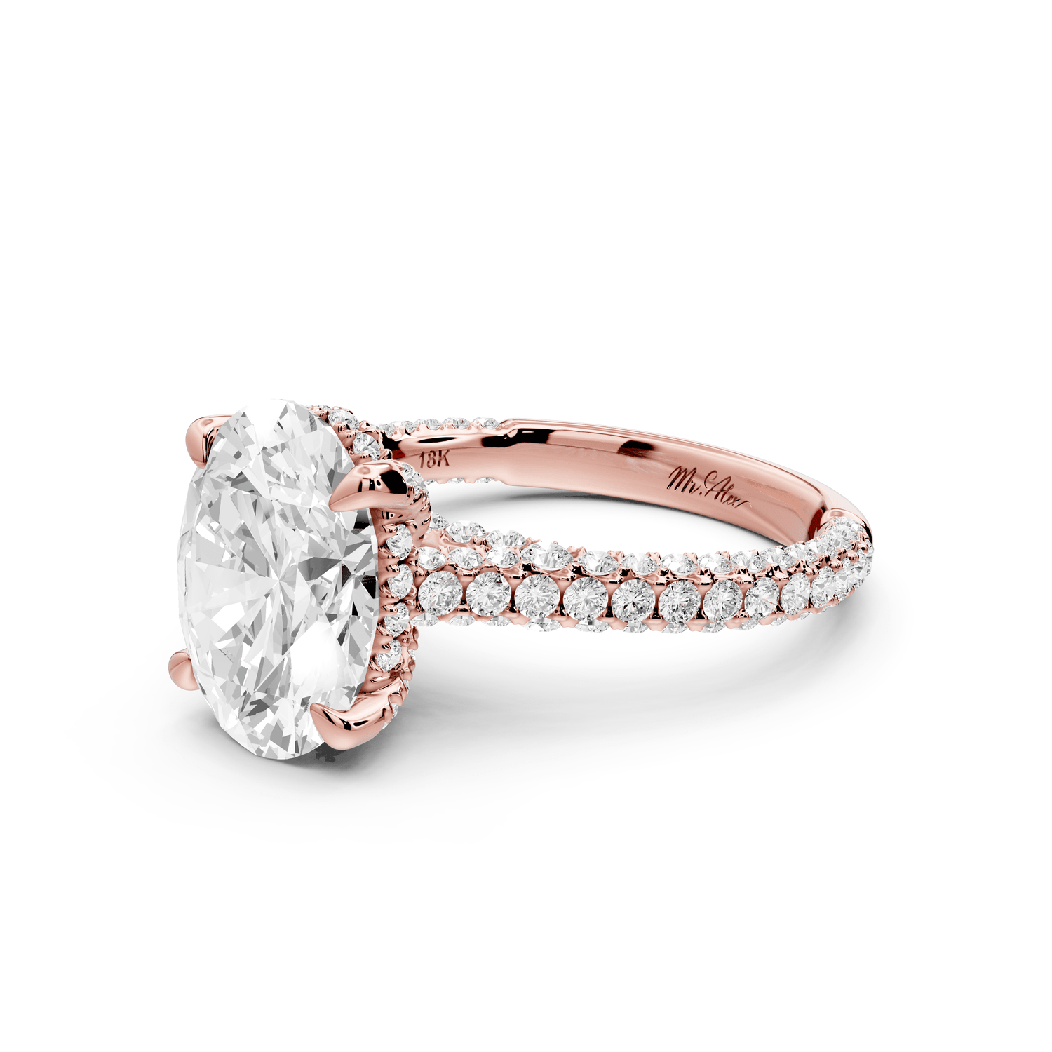 Bianca - 3ct 18k rose gold oval Diamond hidden halo with a diamond crown and bridge rollover pave cathedral Engagement ring - Mr. Alex Jewelry