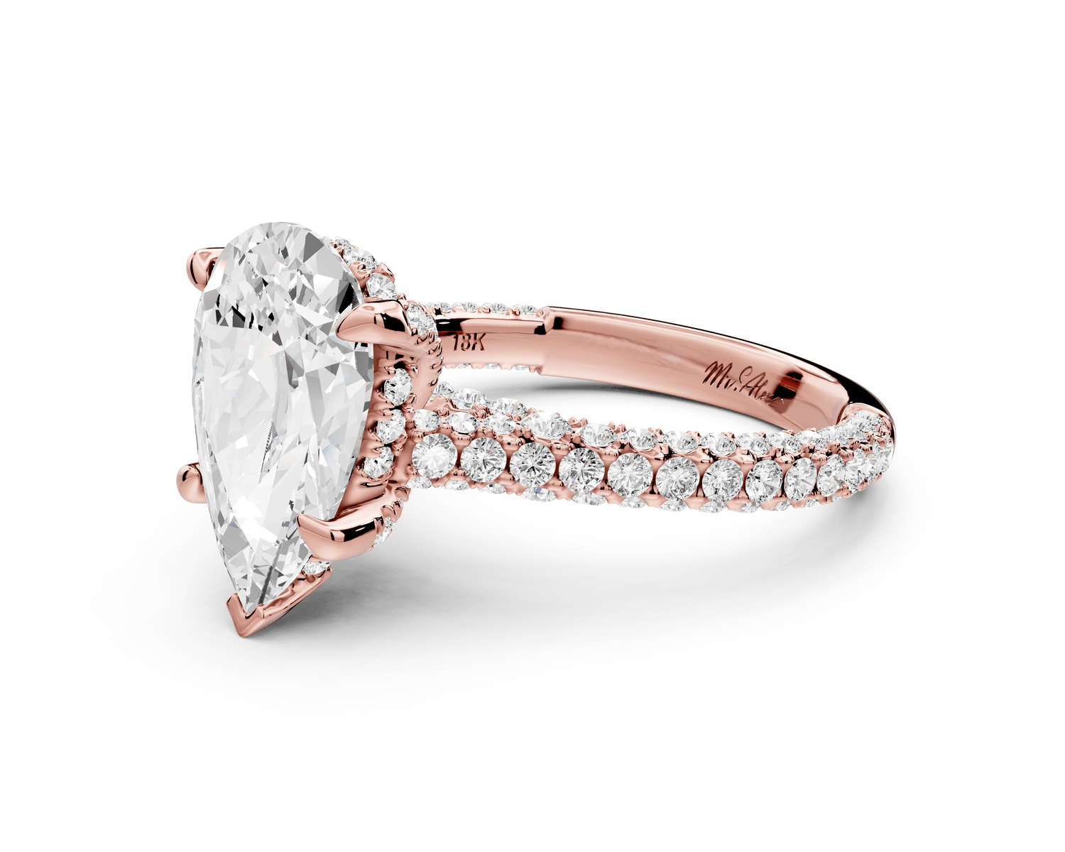 Bianca - 3ct 18k rose gold pear Diamond hidden halo with a diamond crown and bridge rollover pave cathedral Engagement ring - Mr. Alex Jewelry