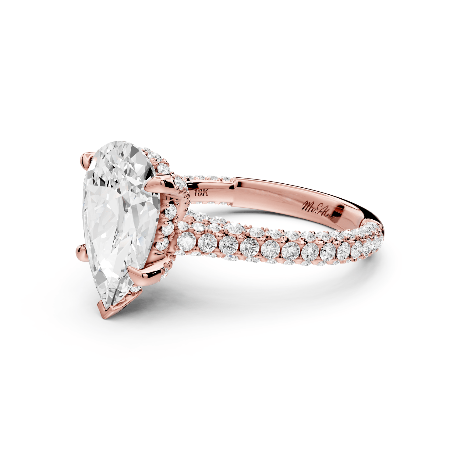 Bianca - 3ct 18k rose gold pear Diamond hidden halo with a diamond crown and bridge rollover pave cathedral Engagement ring - Mr. Alex Jewelry