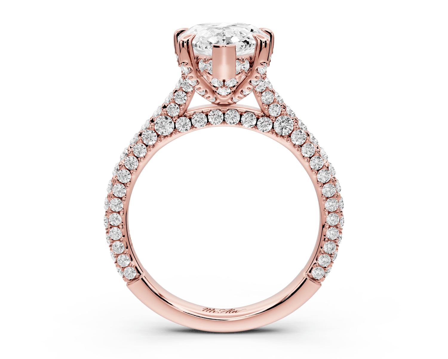 Bianca - 3ct 18k rose gold pear Diamond hidden halo with a diamond crown and bridge rollover pave cathedral Engagement ring - Mr. Alex Jewelry
