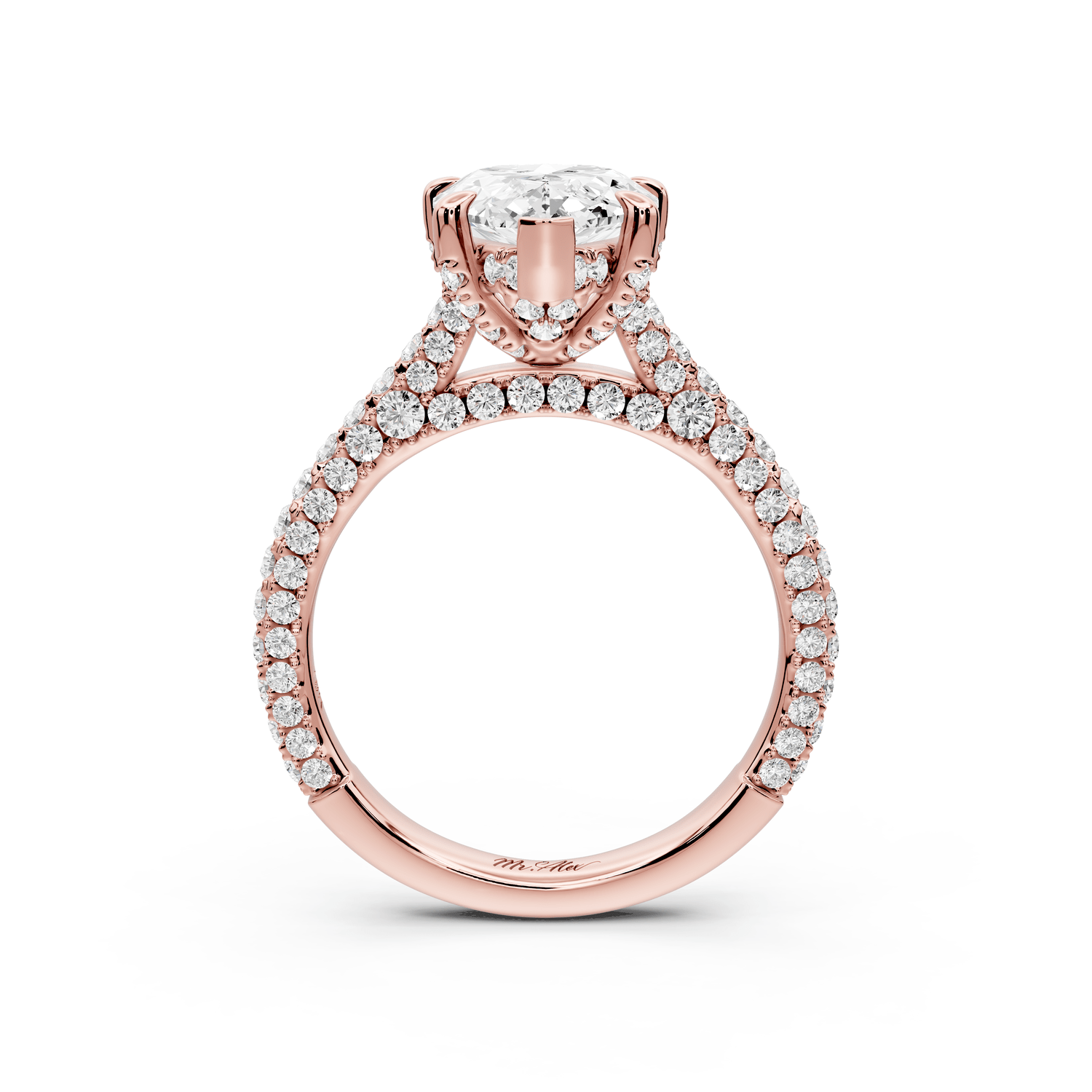 Bianca - 3ct 18k rose gold pear Diamond hidden halo with a diamond crown and bridge rollover pave cathedral Engagement ring - Mr. Alex Jewelry