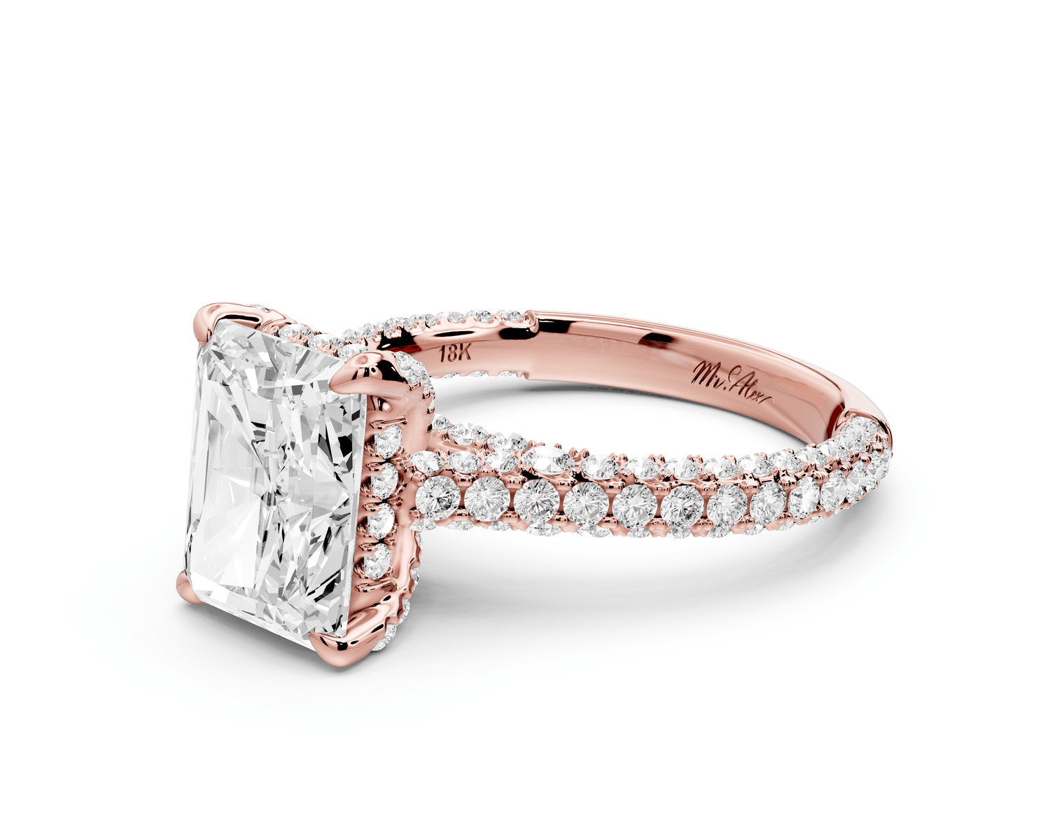 Bianca - 3ct 18k rose gold radiant Diamond hidden halo with a diamond crown and bridge rollover pave cathedral engagement ring - Mr. Alex Jewelry