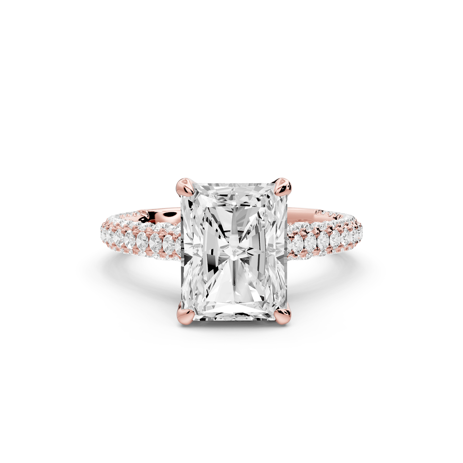 Bianca - 3ct 18k rose gold radiant Diamond hidden halo with a diamond crown and bridge rollover pave cathedral engagement ring - Mr. Alex Jewelry