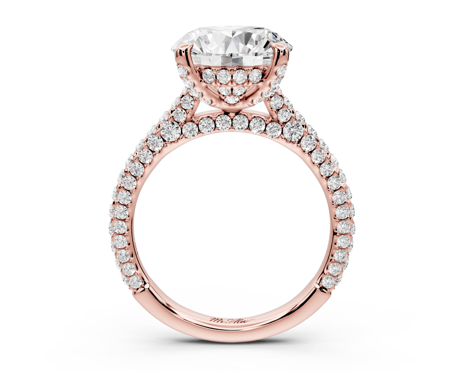 Bianca - 3ct 18k rose gold round Diamond hidden halo with a diamond crown and bridge rollover pave cathedral engagment ring - Mr. Alex Jewelry