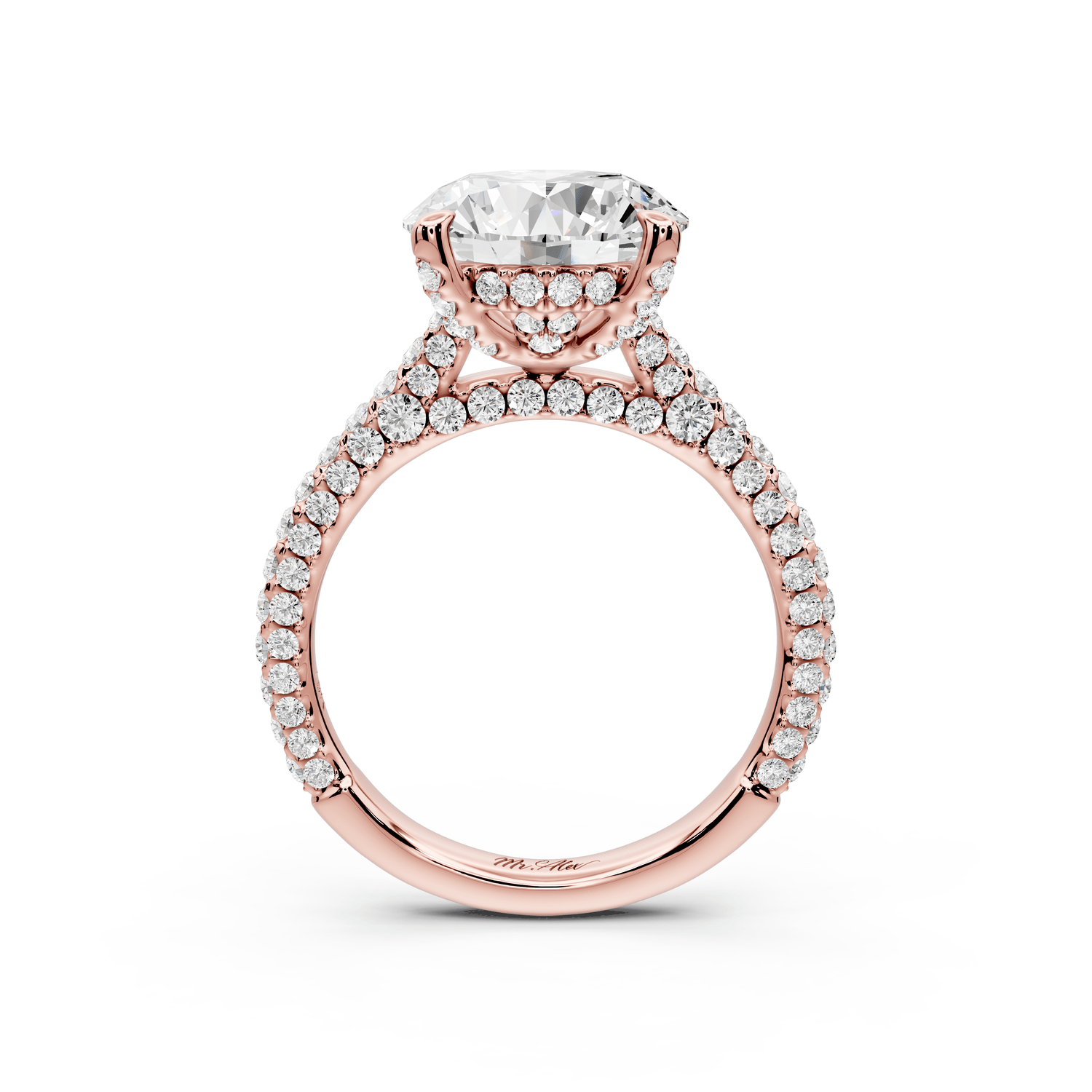 Bianca - 3ct 18k rose gold round Diamond hidden halo with a diamond crown and bridge rollover pave cathedral engagment ring - Mr. Alex Jewelry