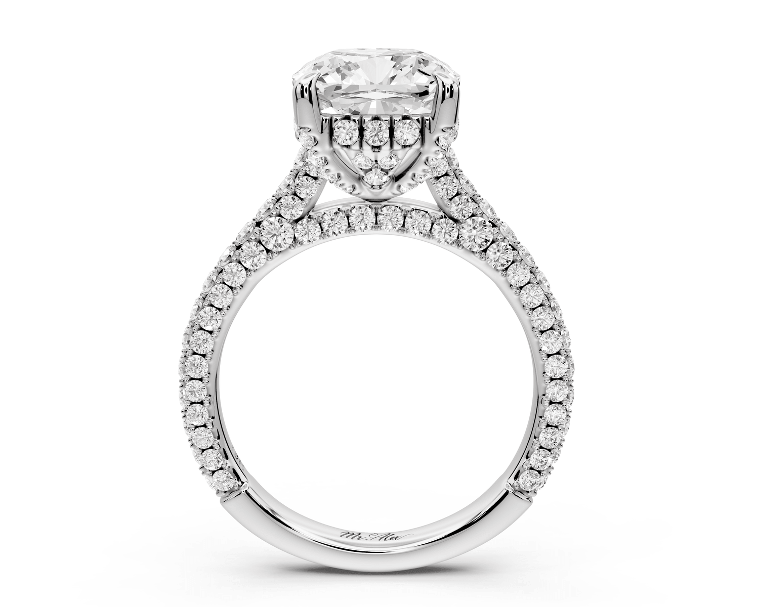 Bianca - 3ct 18k white gold cushion Diamond hidden halo with a diamond crown and bridge rollover pave cathedral engagement ring - Mr. Alex Jewelry