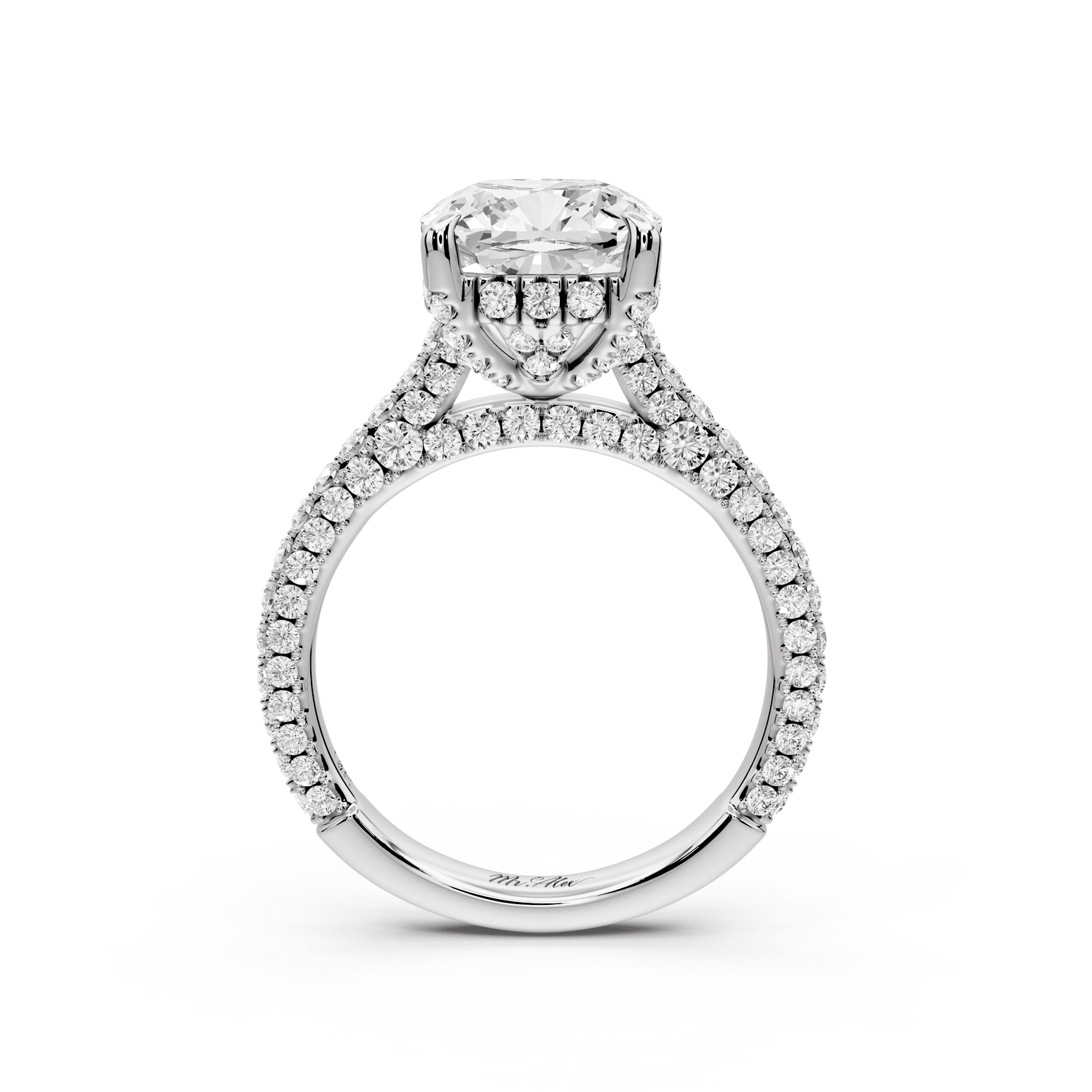 Bianca - 3ct 18k white gold cushion Diamond hidden halo with a diamond crown and bridge rollover pave cathedral engagement ring - Mr. Alex Jewelry