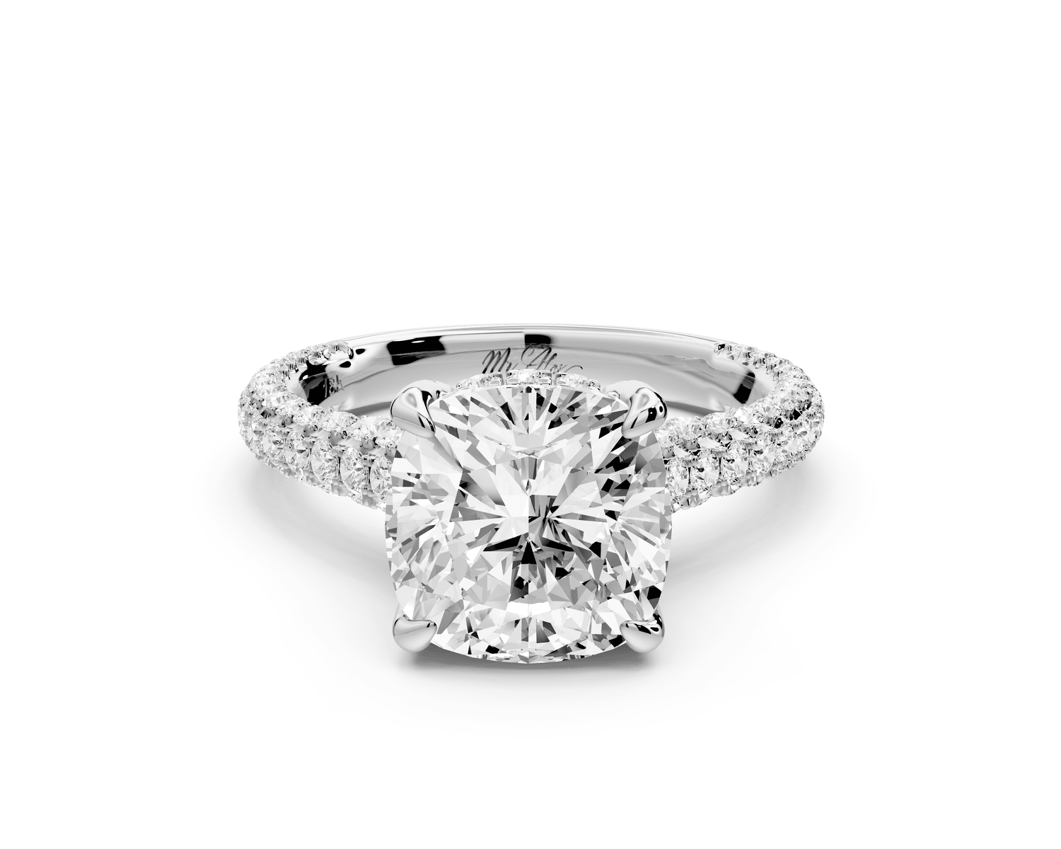 Bianca - 3ct 18k white gold cushion Diamond hidden halo with a diamond crown and bridge rollover pave cathedral engagement ring - Mr. Alex Jewelry