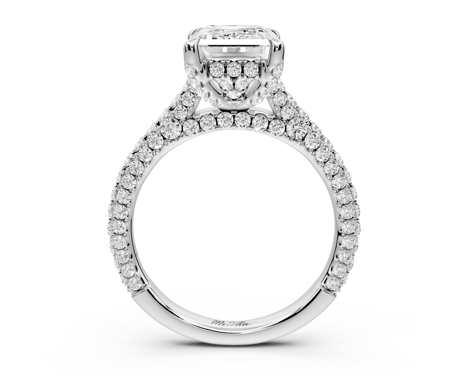 Bianca - 3ct 18k white gold emerald Diamond hidden halo with a diamond crown and bridge rollover pave cathedral Engagement ring - Mr. Alex Jewelry