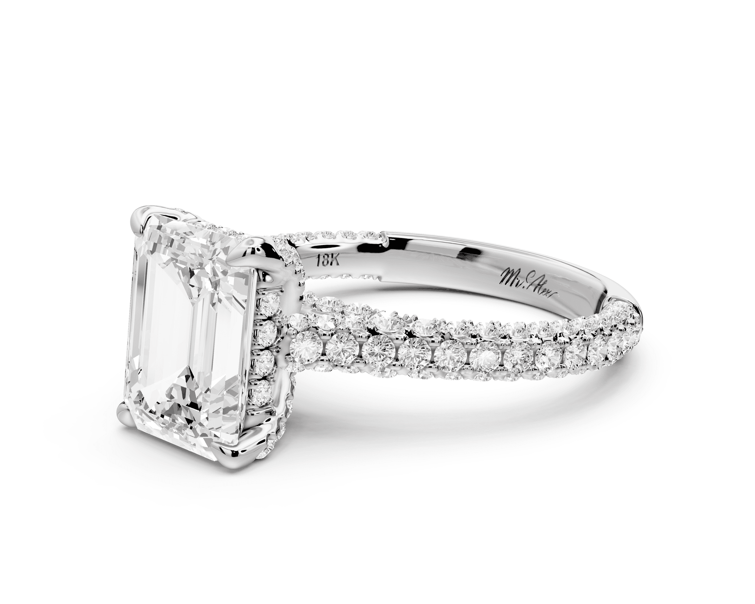 Bianca - 3ct 18k white gold emerald Diamond hidden halo with a diamond crown and bridge rollover pave cathedral Engagement ring - Mr. Alex Jewelry