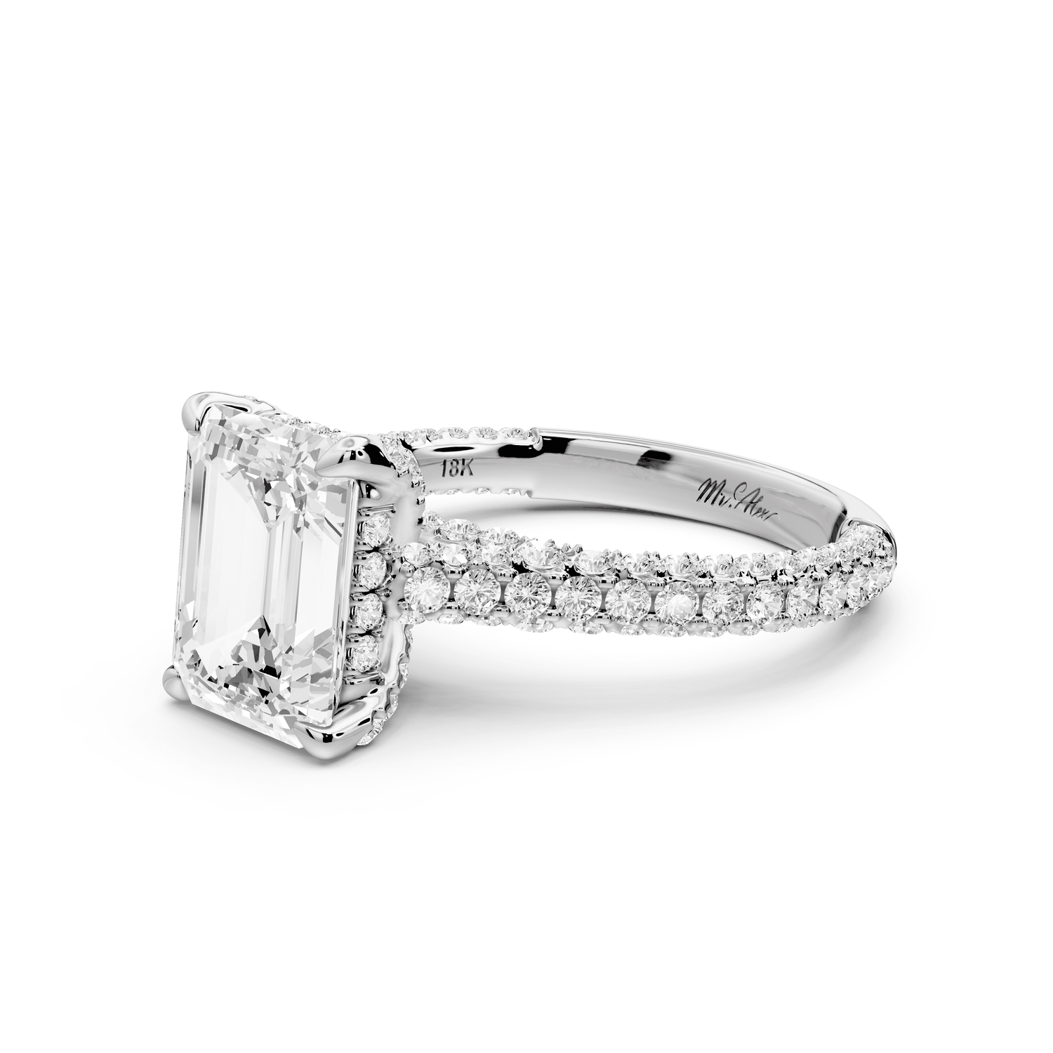 Bianca - 3ct 18k white gold emerald Diamond hidden halo with a diamond crown and bridge rollover pave cathedral Engagement ring - Mr. Alex Jewelry