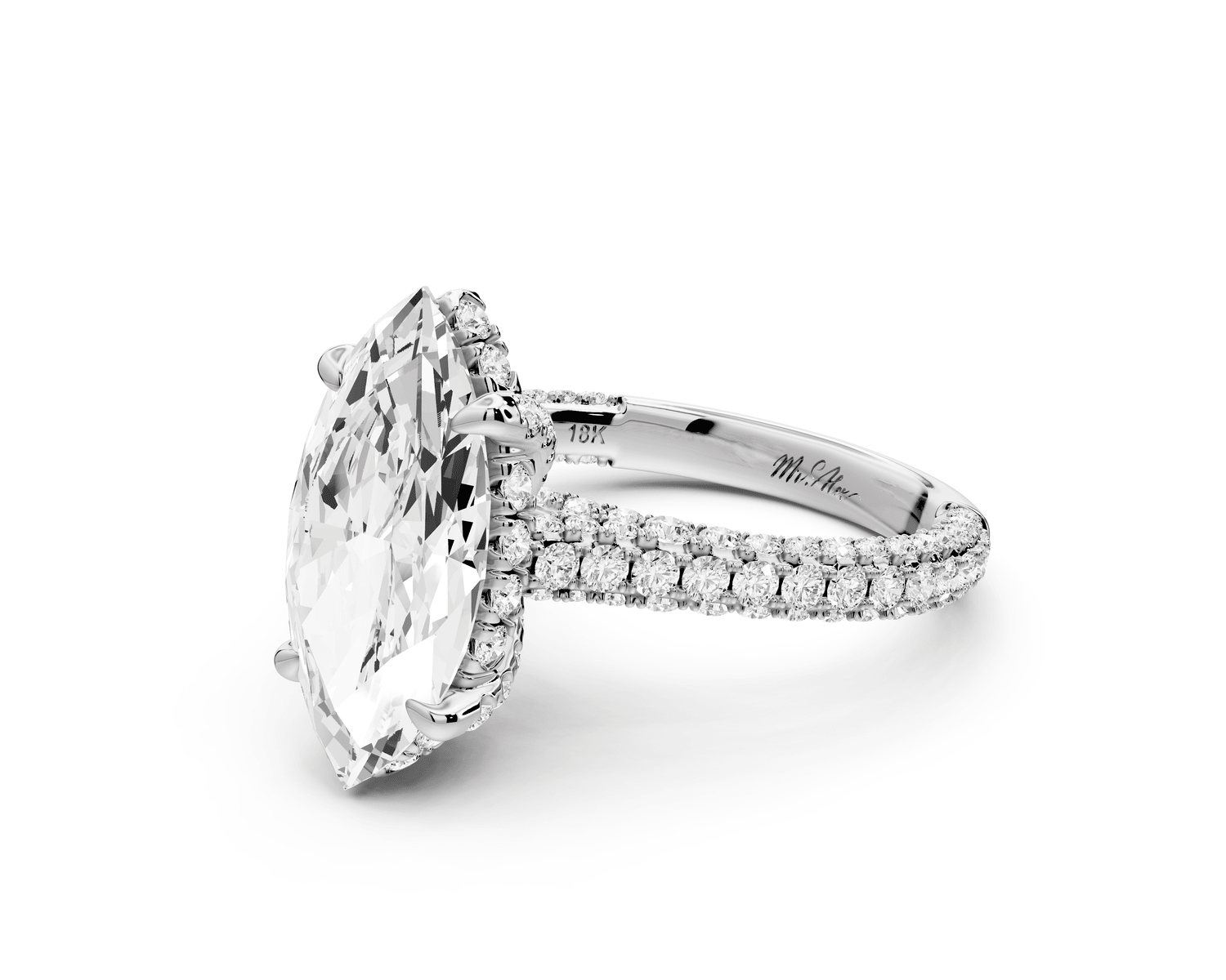 Bianca - 3ct 18k white gold marquise Diamond hidden halo with a diamond crown and bridge rollover pave cathedral engagement ring - Mr. Alex Jewelry