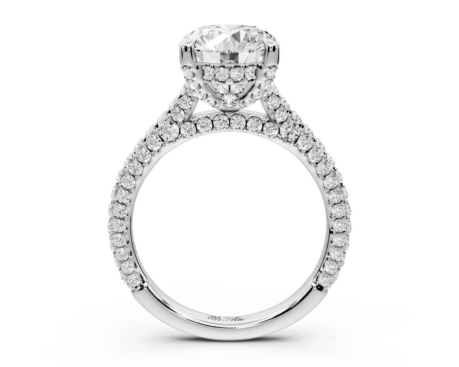 Bianca - 3ct 18k white gold oval Diamond hidden halo with a diamond crown and bridge rollover pave cathedral Engagement ring - Mr. Alex Jewelry