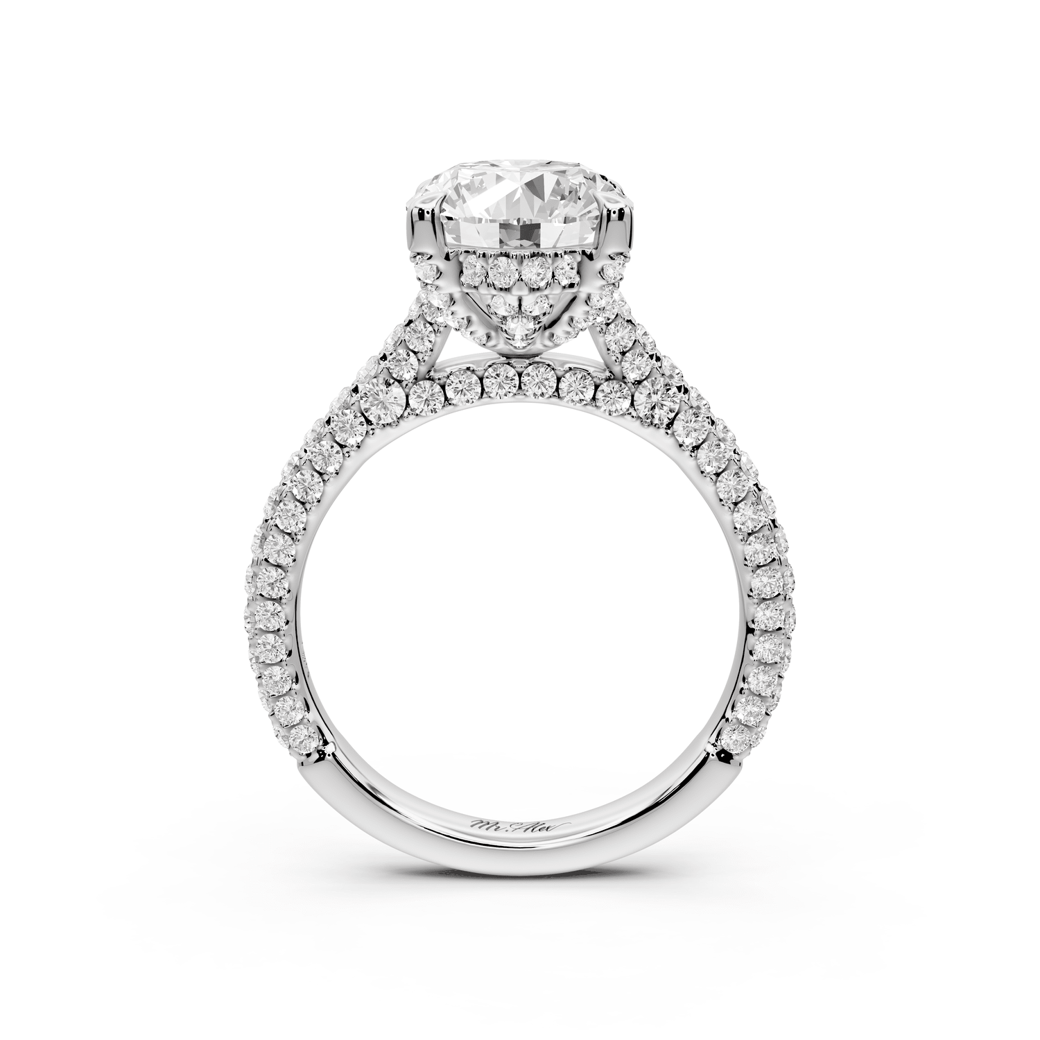 Bianca - 3ct 18k white gold oval Diamond hidden halo with a diamond crown and bridge rollover pave cathedral Engagement ring - Mr. Alex Jewelry