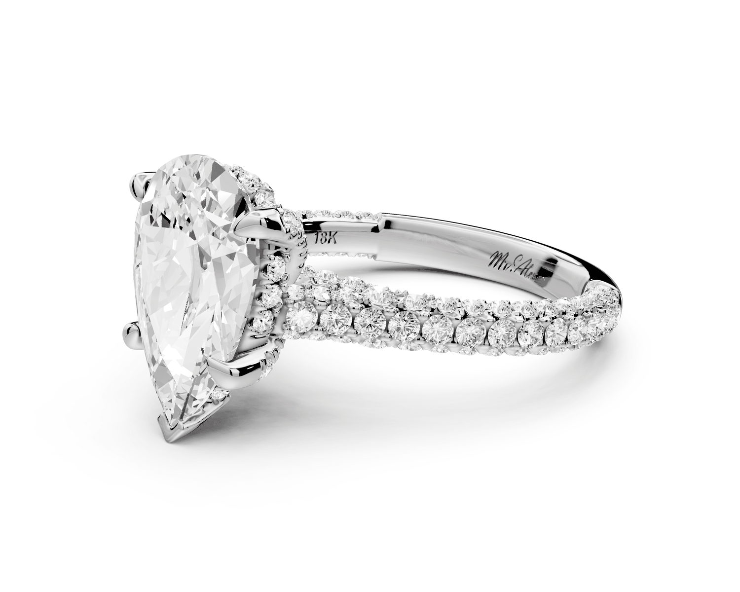 Bianca - 3ct 18k white gold pear Diamond hidden halo with a diamond crown and bridge rollover pave cathedral Engagement ring - Mr. Alex Jewelry