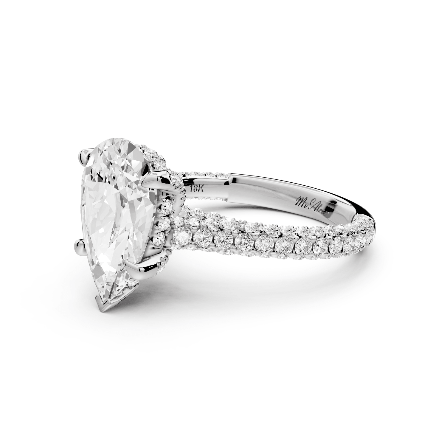 Bianca - 3ct 18k white gold pear Diamond hidden halo with a diamond crown and bridge rollover pave cathedral Engagement ring - Mr. Alex Jewelry