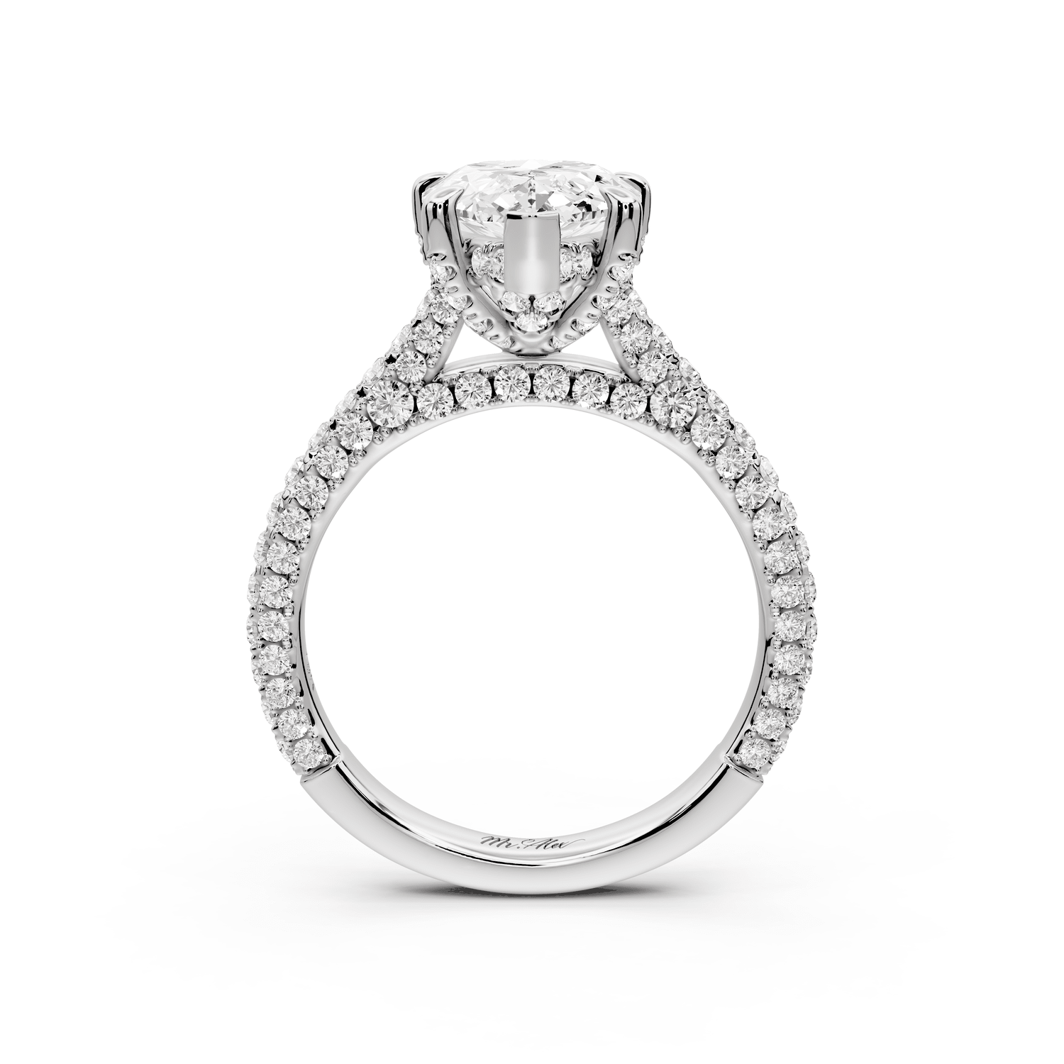 Bianca - 3ct 18k white gold pear Diamond hidden halo with a diamond crown and bridge rollover pave cathedral Engagement ring - Mr. Alex Jewelry