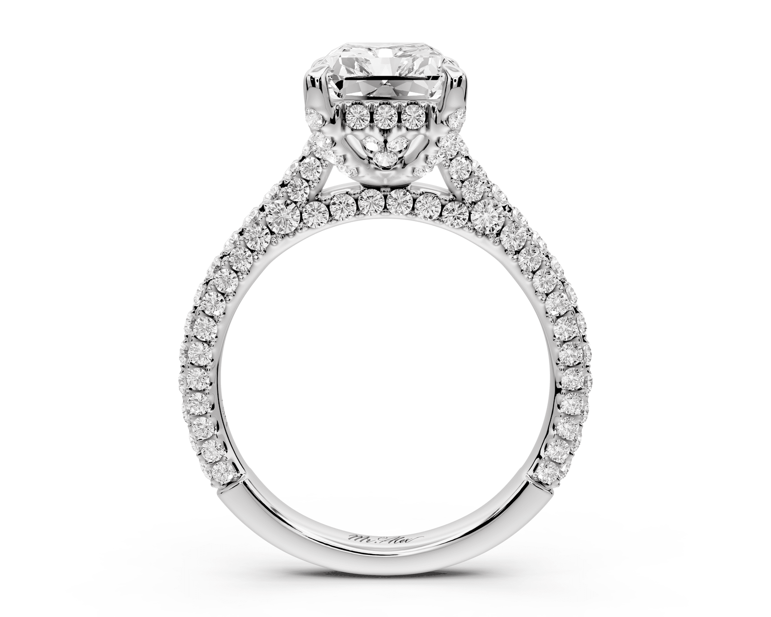 Bianca - 3ct 18k white gold radiant Diamond hidden halo with a diamond crown and bridge rollover pave cathedral engagement ring - Mr. Alex Jewelry