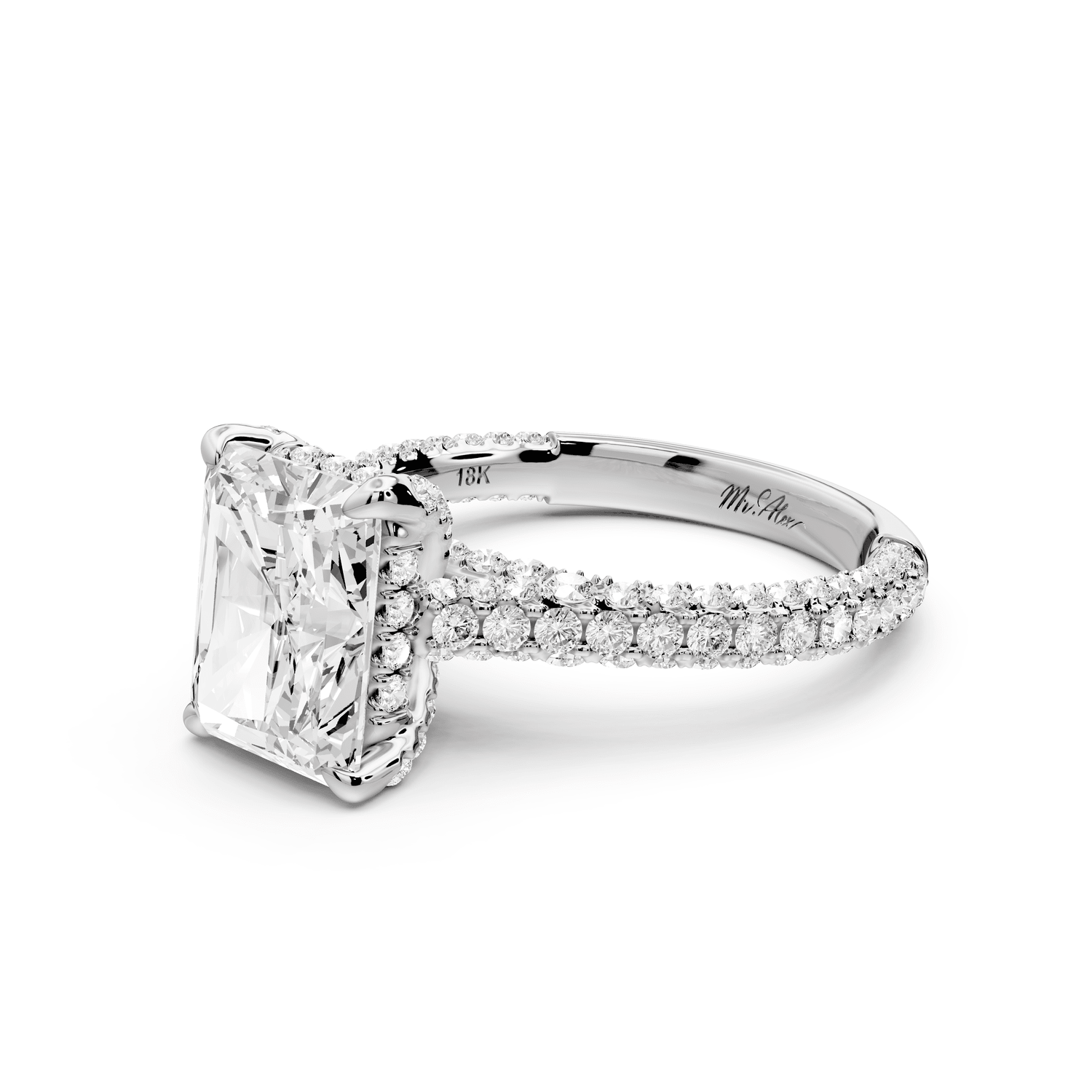 Bianca - 3ct 18k white gold radiant Diamond hidden halo with a diamond crown and bridge rollover pave cathedral engagement ring - Mr. Alex Jewelry