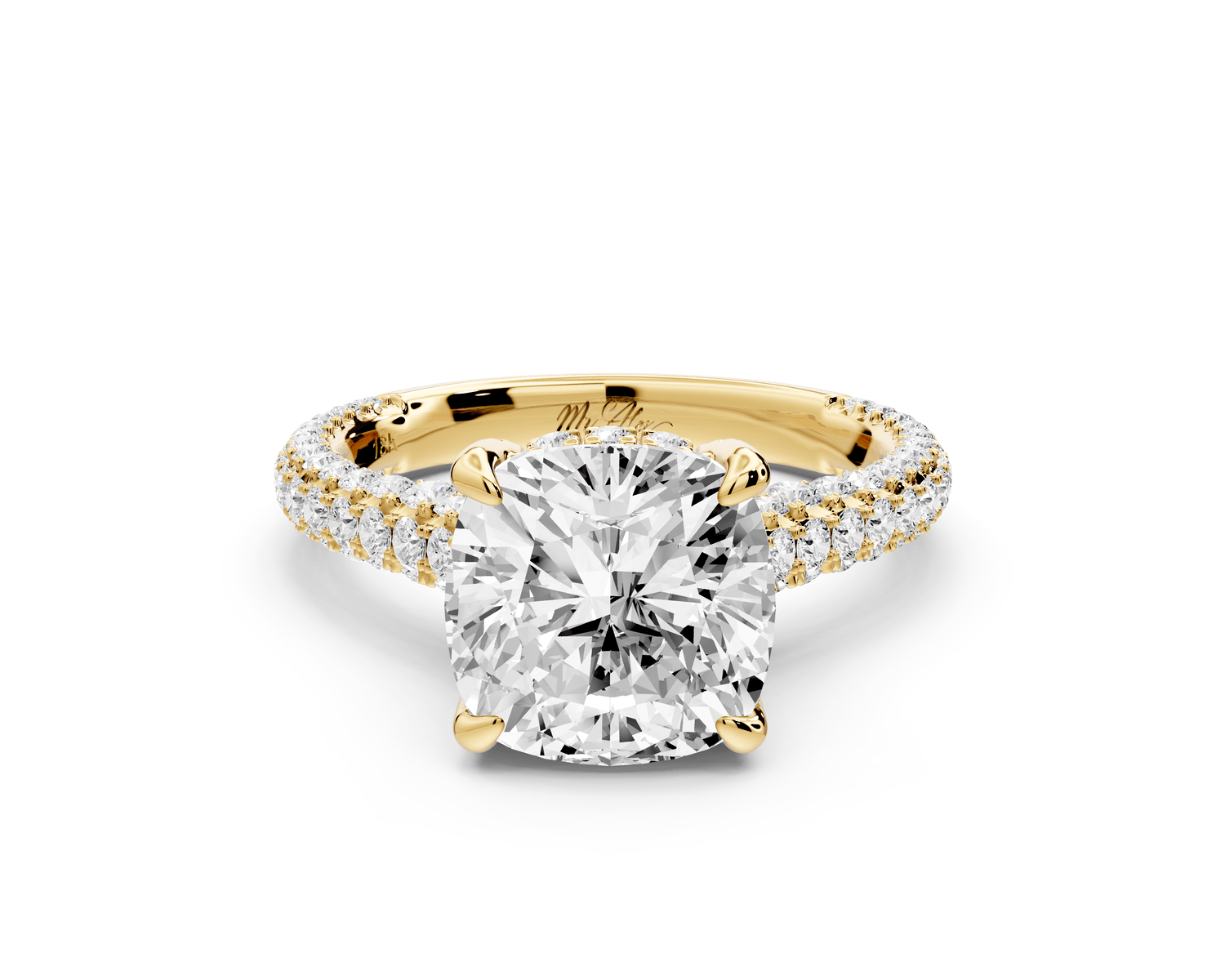 Bianca - 3ct 18k yellow gold cushion Diamond hidden halo with a diamond crown and bridge rollover pave cathedral engagement ring - Mr. Alex Jewelry