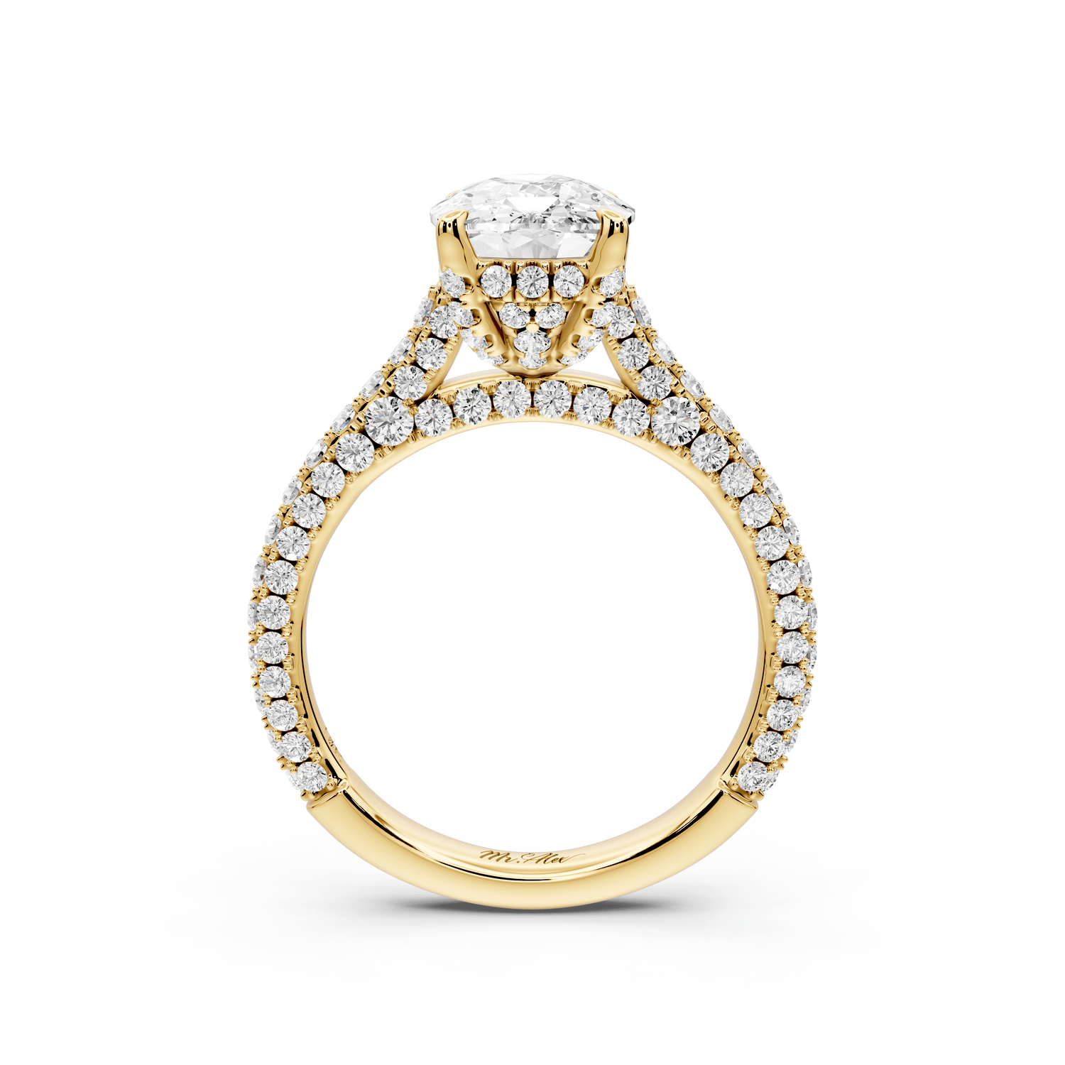 Bianca - 3ct 18k yellow gold ecushion Diamond hidden halo with a diamond crown and bridge rollover pave cathedral engagement ring - Mr. Alex Jewelry